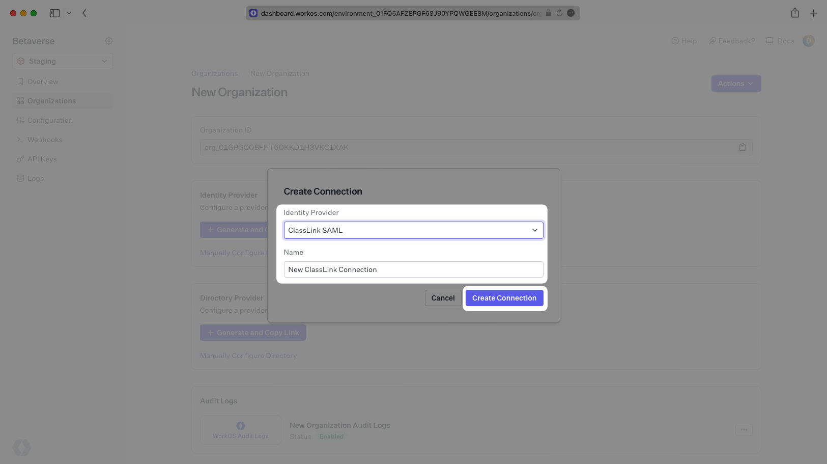 A screenshot showing a ClassLink connection being created in the WorkOS Dashboard.