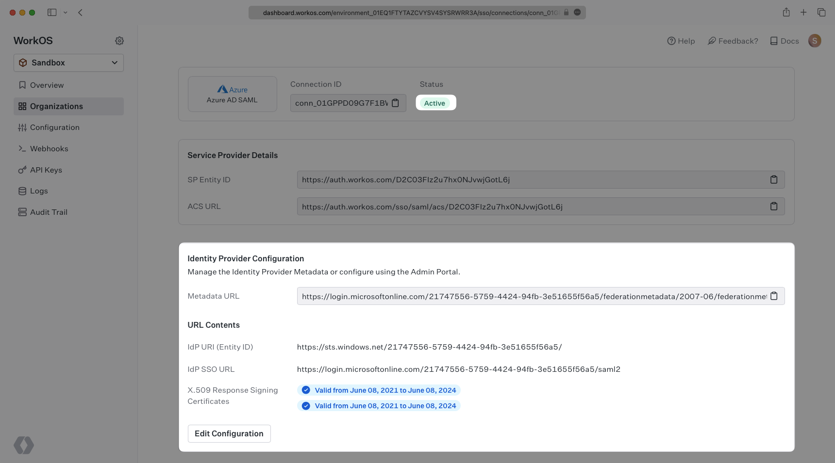 A screenshot showing an active Azure SAML connection in the WorkOS dashboard.