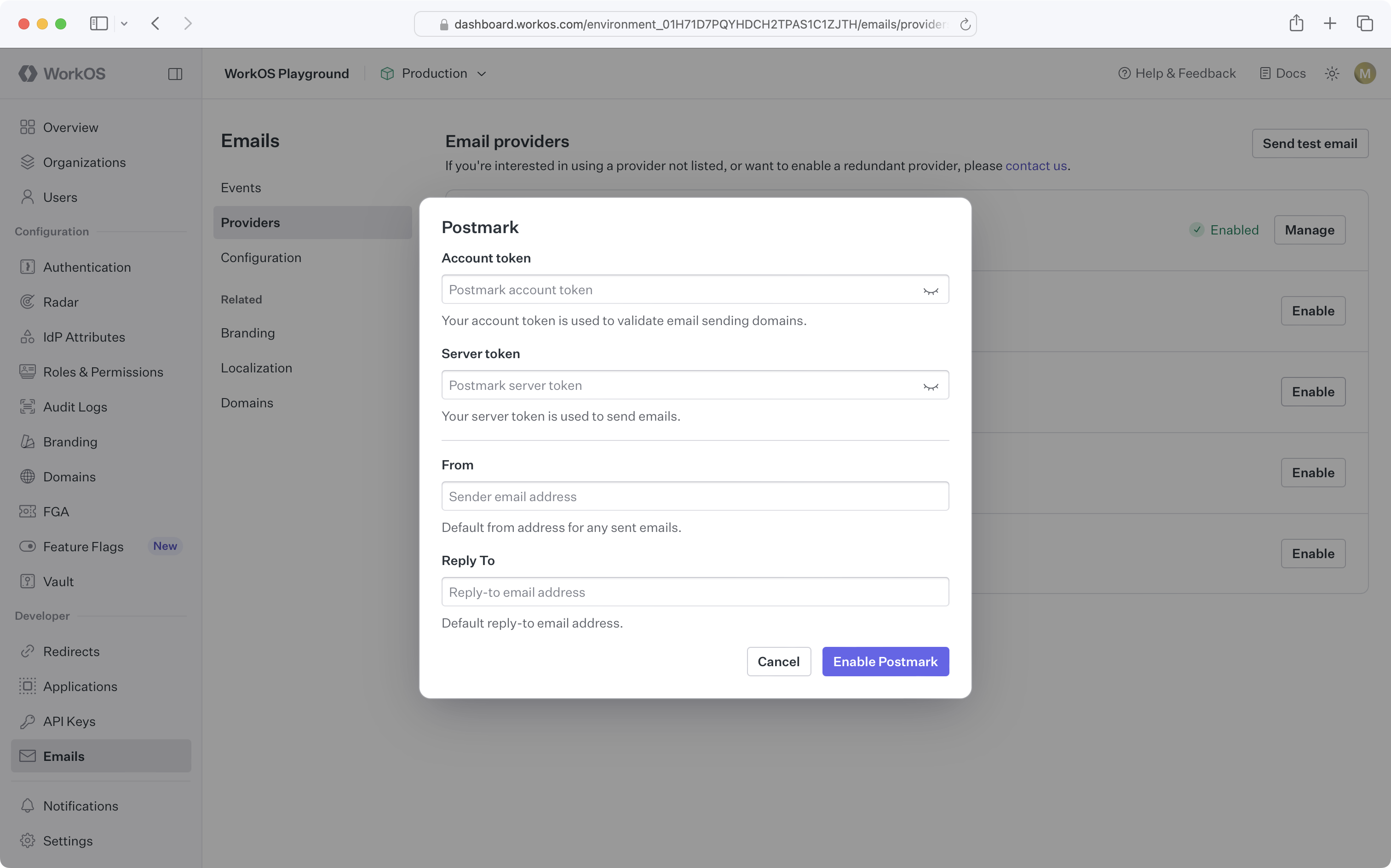 A screenshot showing the Postmark custom email provider configuration