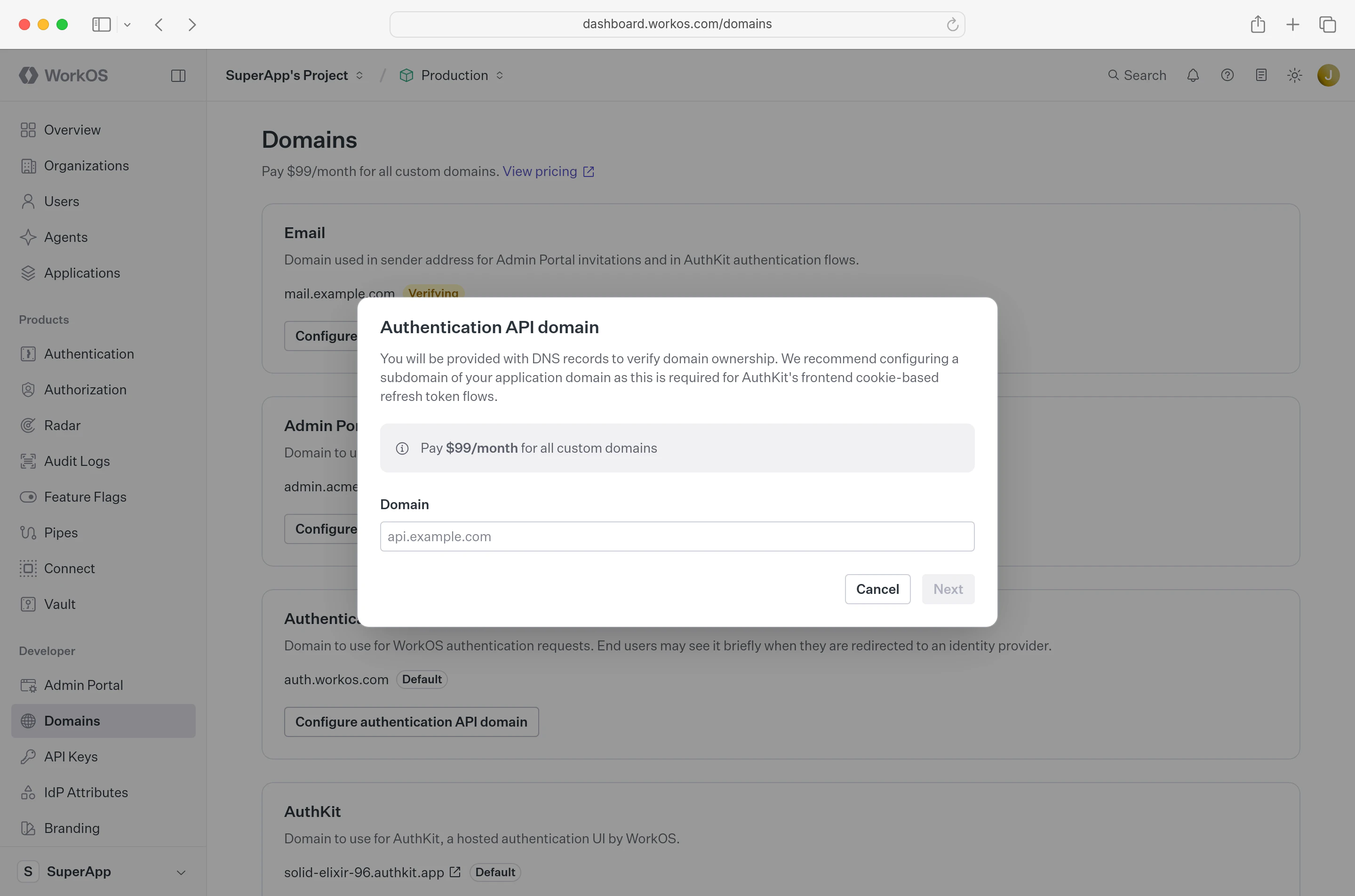 Dashboard displaying a domain entry input
