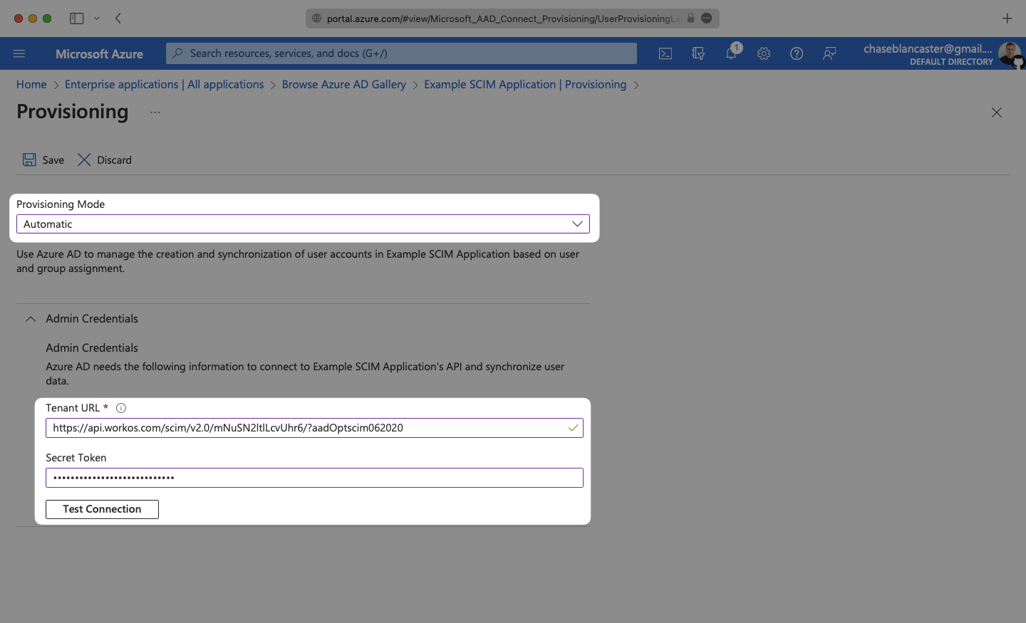 A screenshot showing where to configure the provisioning mode and credentials in Azure.