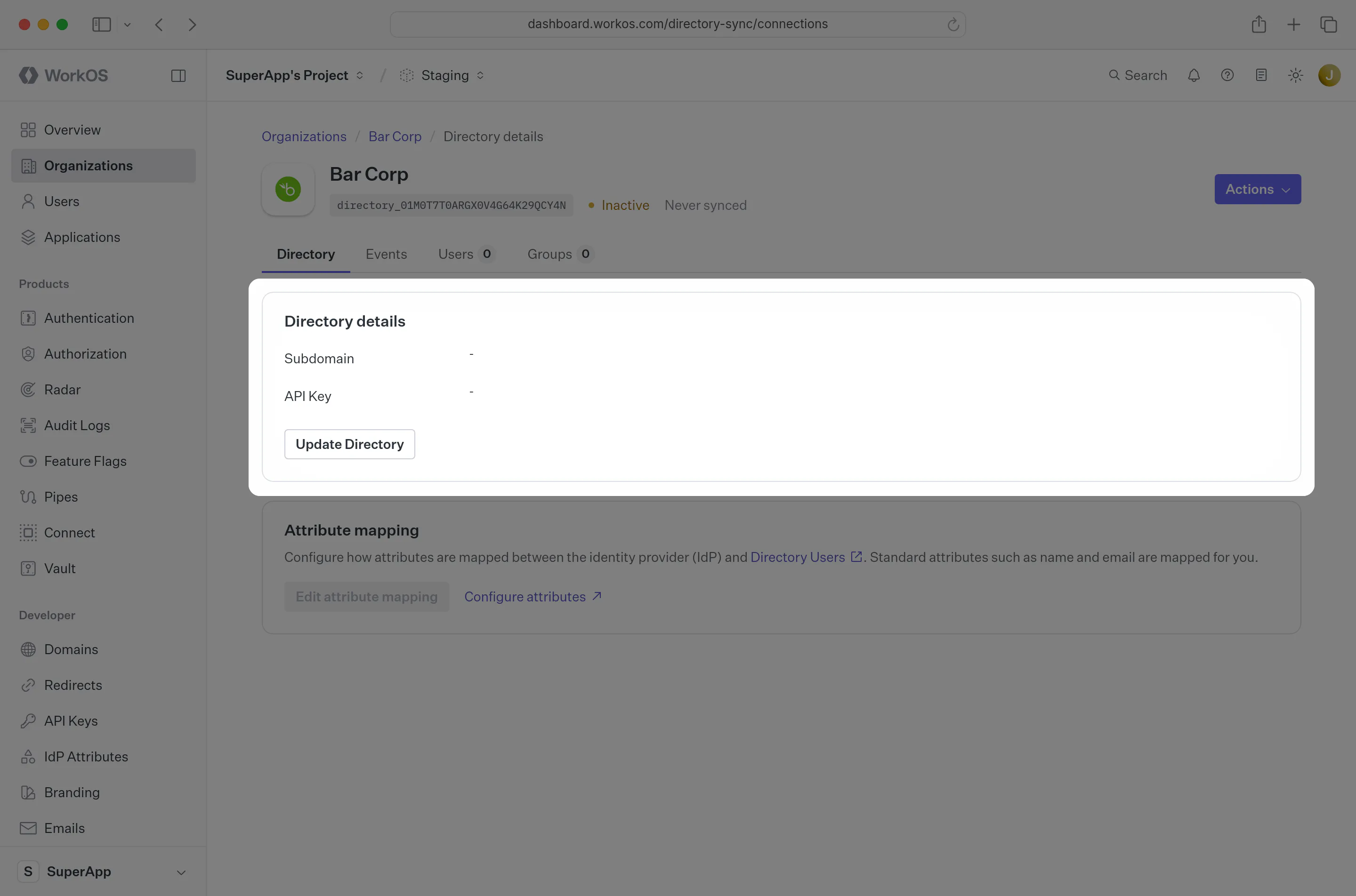A screenshot showing where to find the “Update Directory” button in the WorkOS Dashboard.