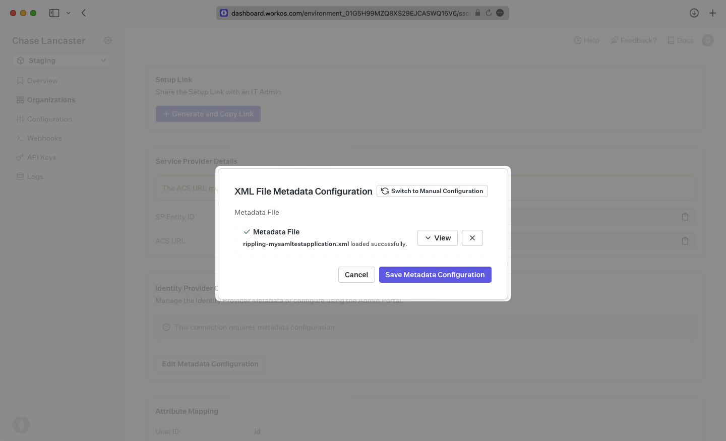 A screenshot showing where to select “Save Metadata Configuration” in the "XML File Metadata Configuration" modal in the WorkOS dashboard.