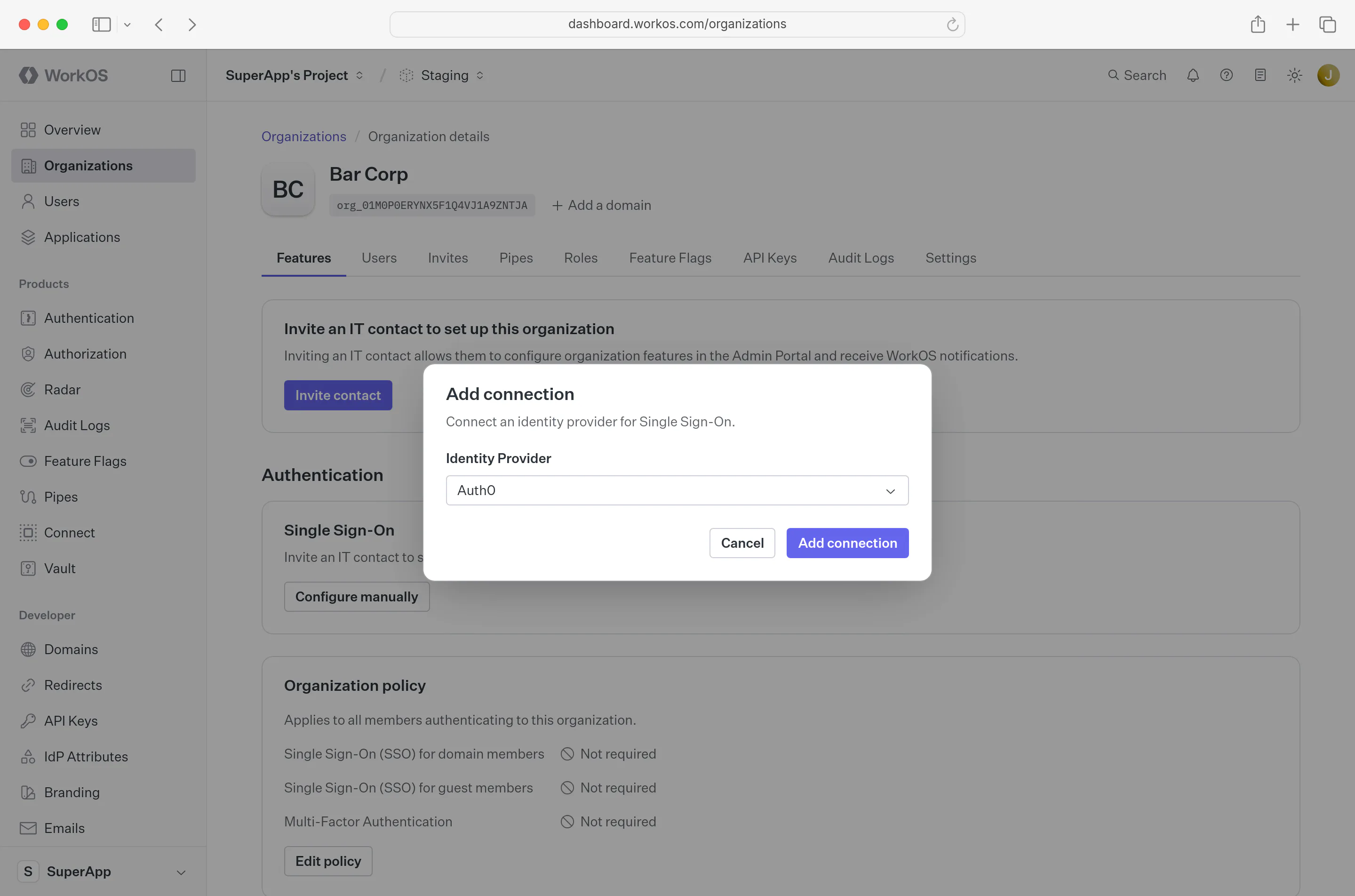 A screenshot showing “Create Connection” details in the WorkOS Dashboard.