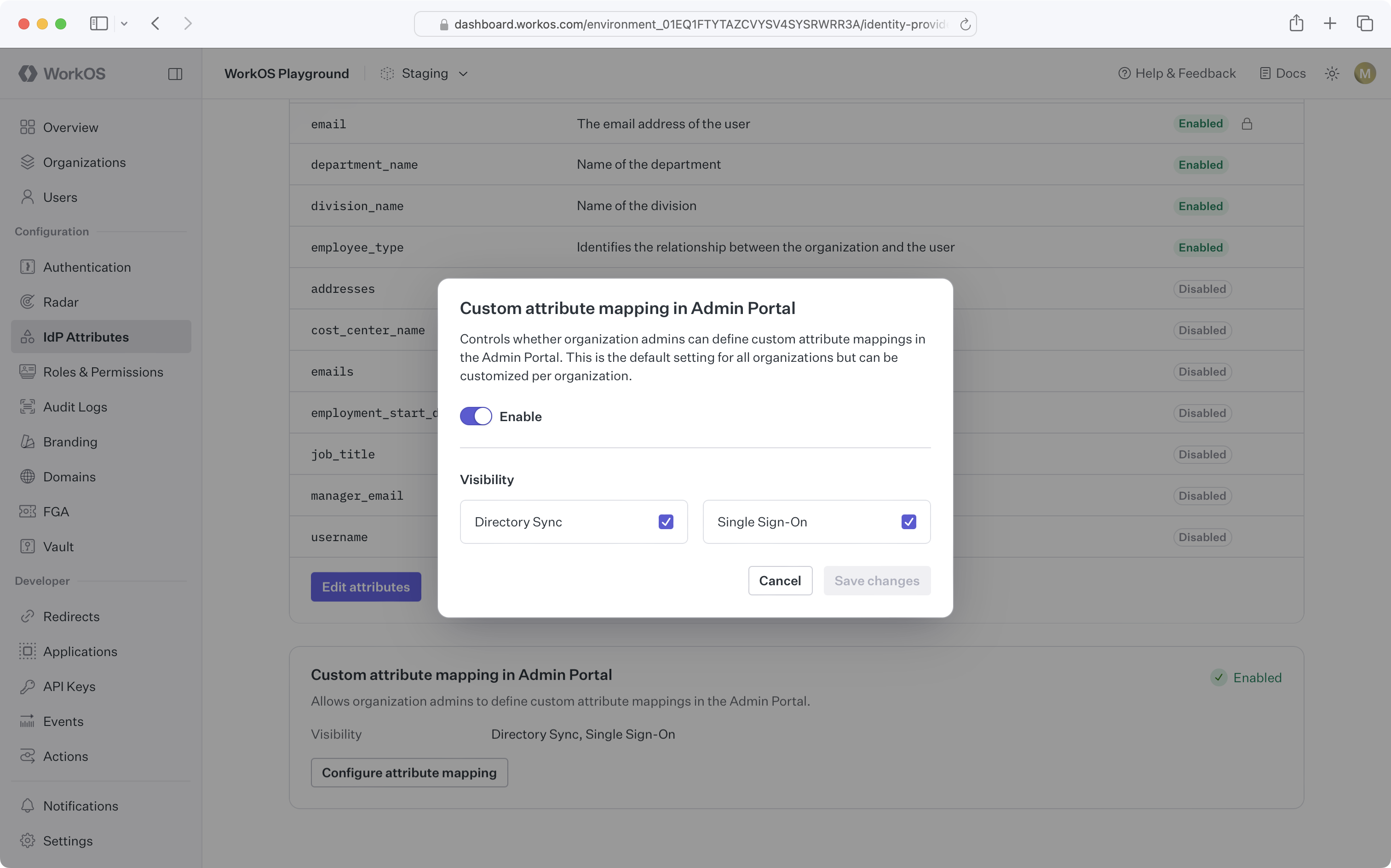 WorkOS Dashboard UI showing editing custom attribute mapping in Admin Portal setting