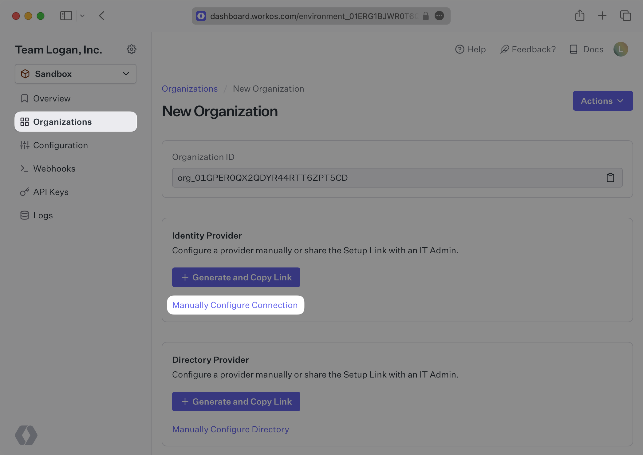 A screenshot showing the Manual Configure Connection option in the WorkOS Dashboard.