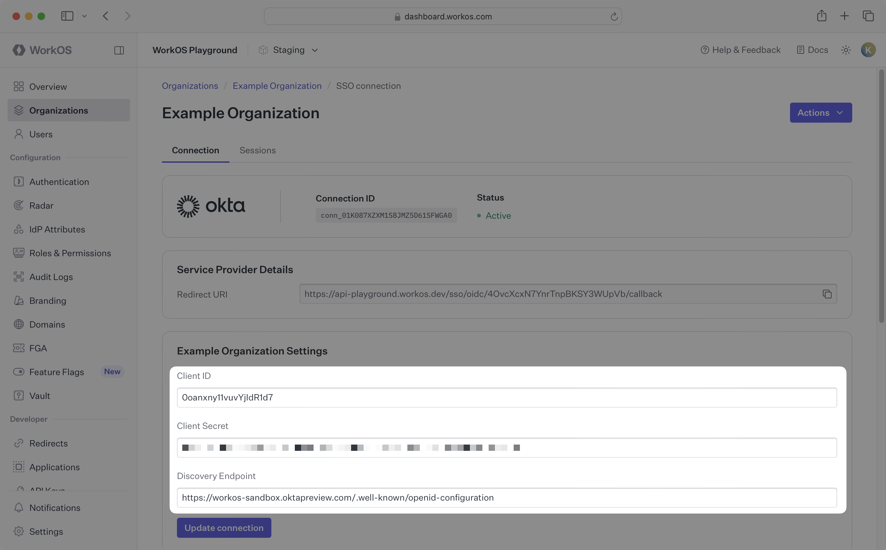 WorkOS Dashboard Identity Provider Configuration with client ID, client secret, and discovery endpoint fields