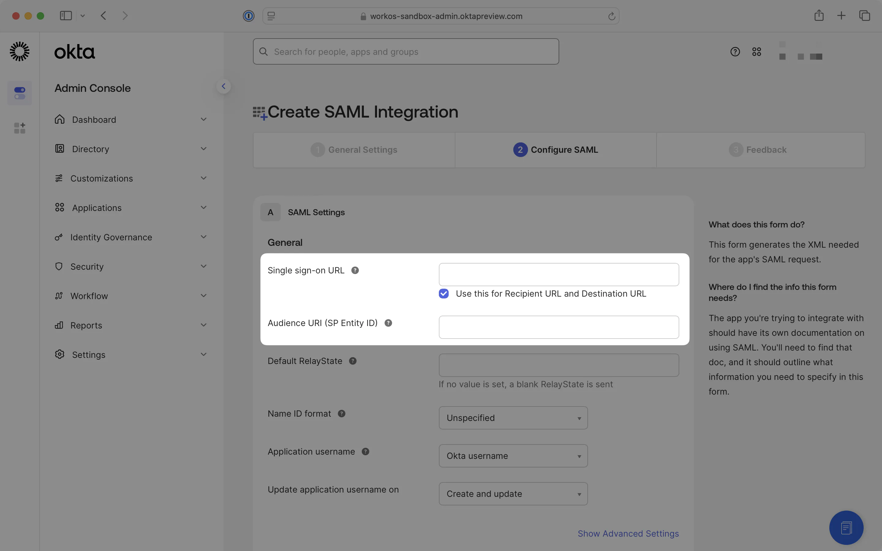A screenshot showing where to place the WorkOS Single Sign-On URL and SP Entity ID in the Okta Dashboard.