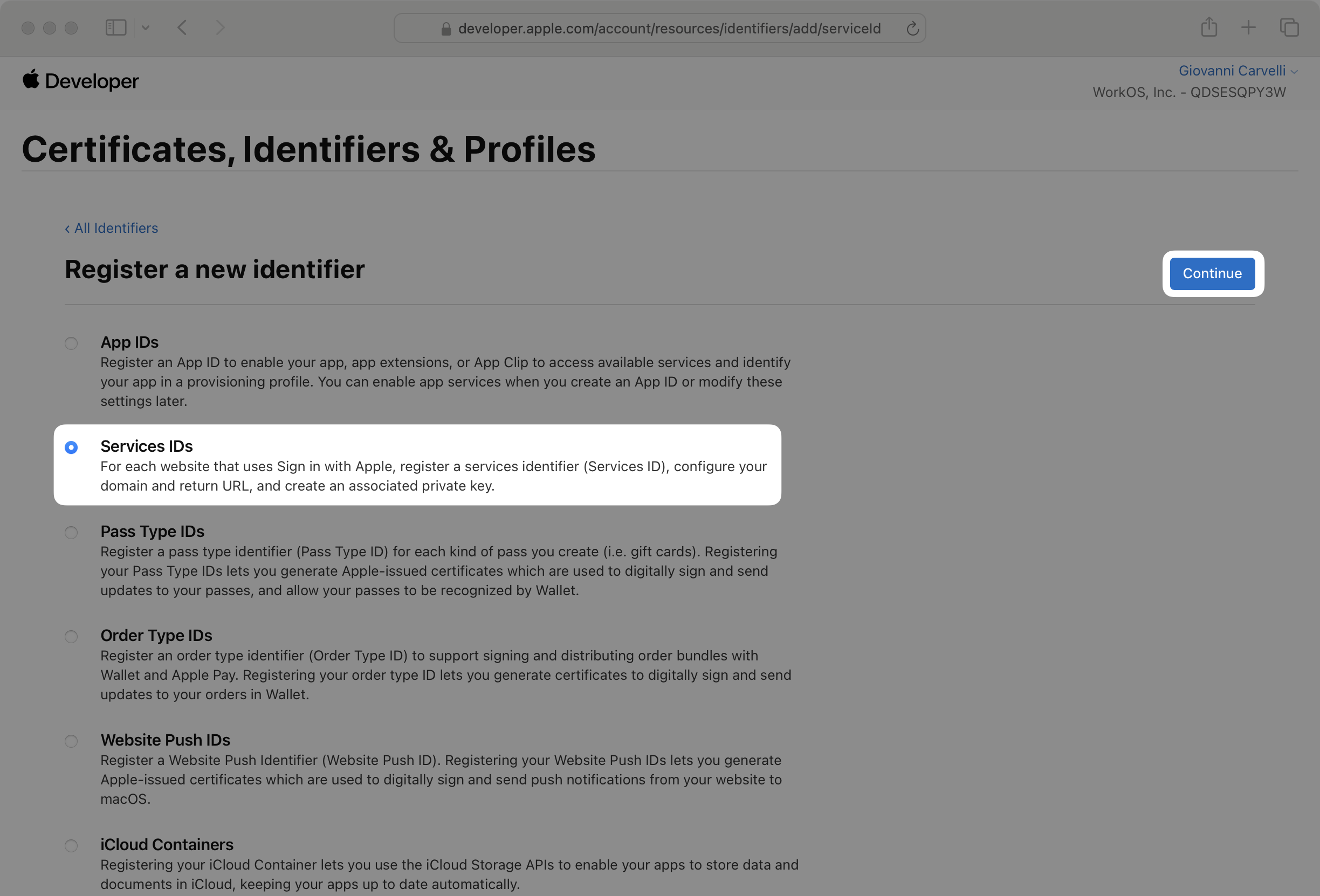 A screenshot showing the first step in the Identifier creation wizard. Services IDs is selected.