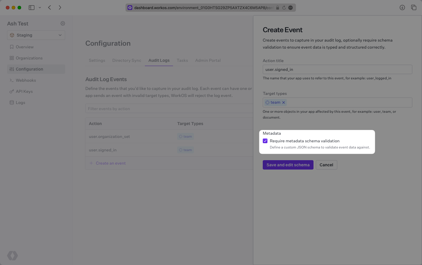 A screenshot showing how to require metadata schema validation in the WorkOS Dashboard.