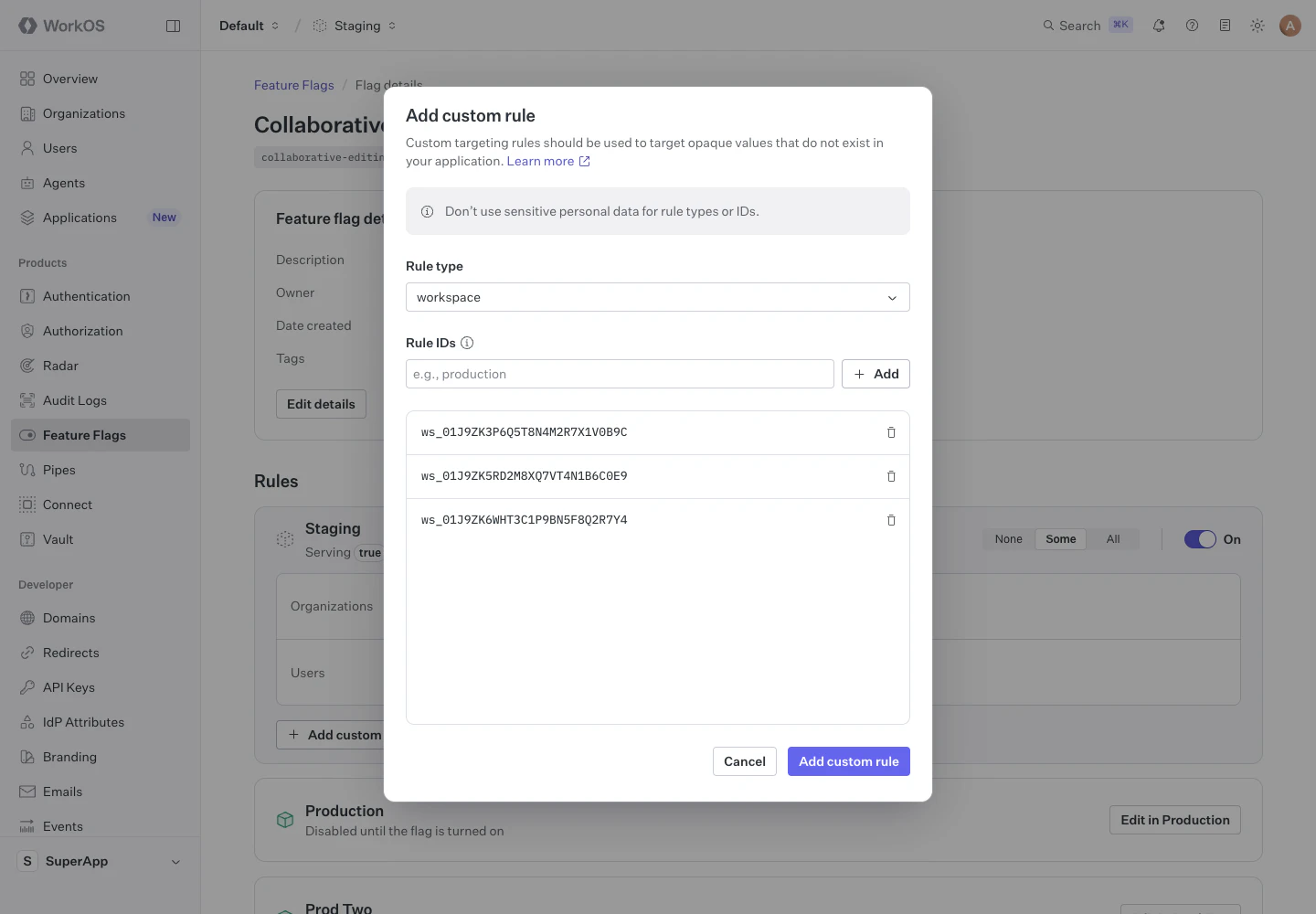 The Add custom rule dialog with the workspace rule type selected and three workspace IDs added.