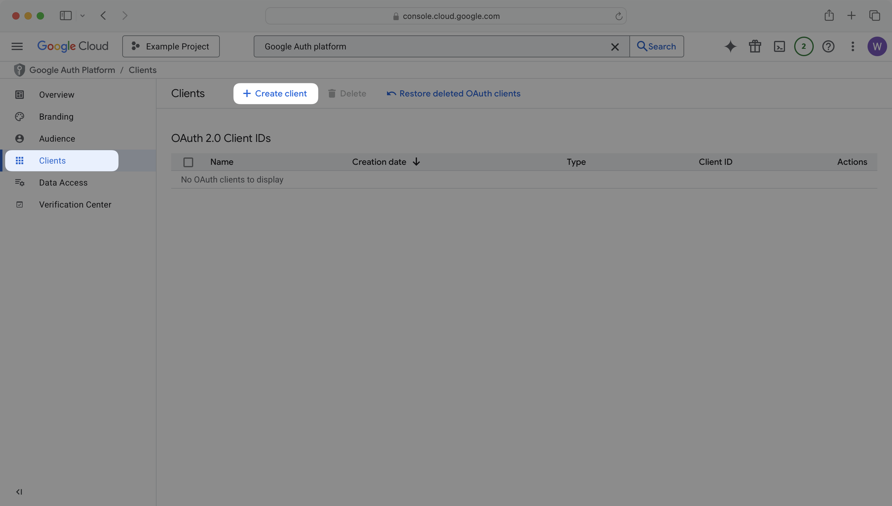 Google Auth Platform Clients page with "Create client" button