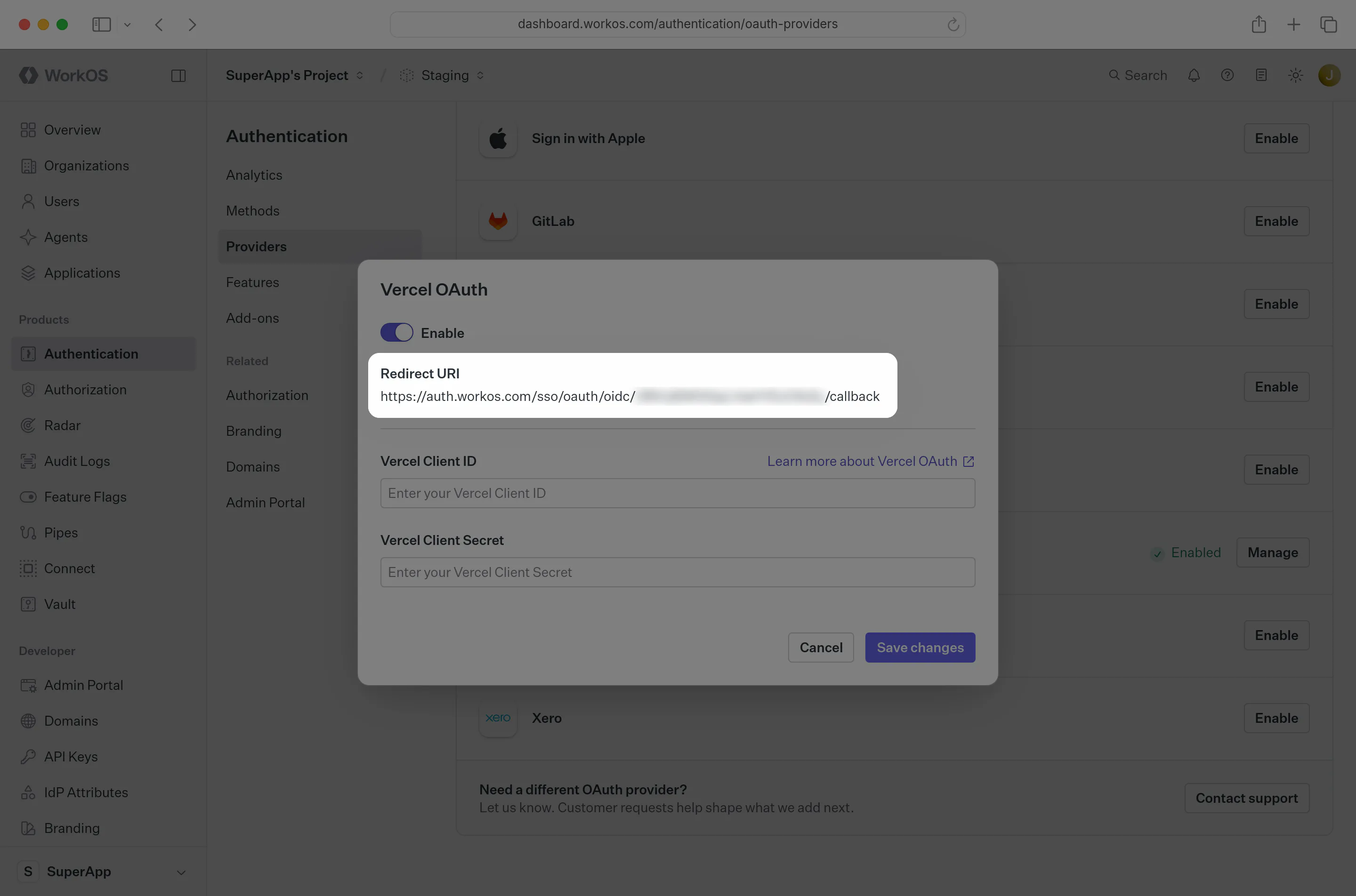 The Vercel OAuth configuration modal in the WorkOS Dashboard