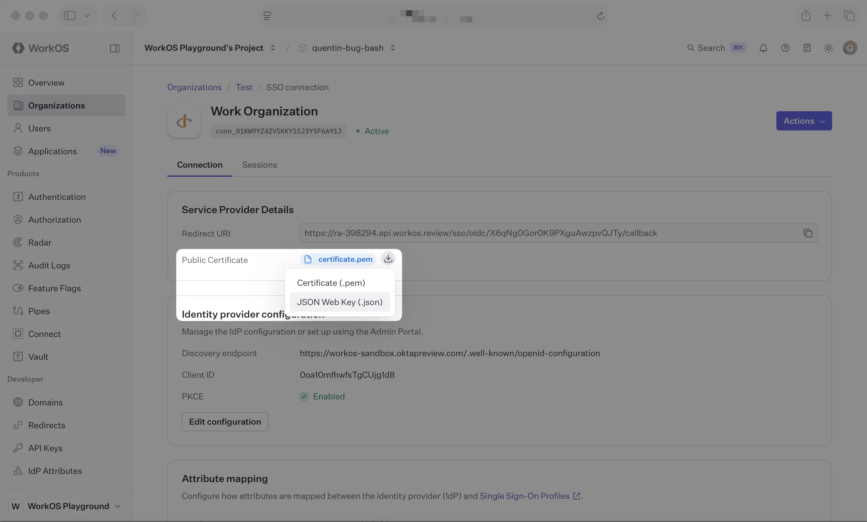 Download the public signing key for a Private key JWT OIDC connection.
