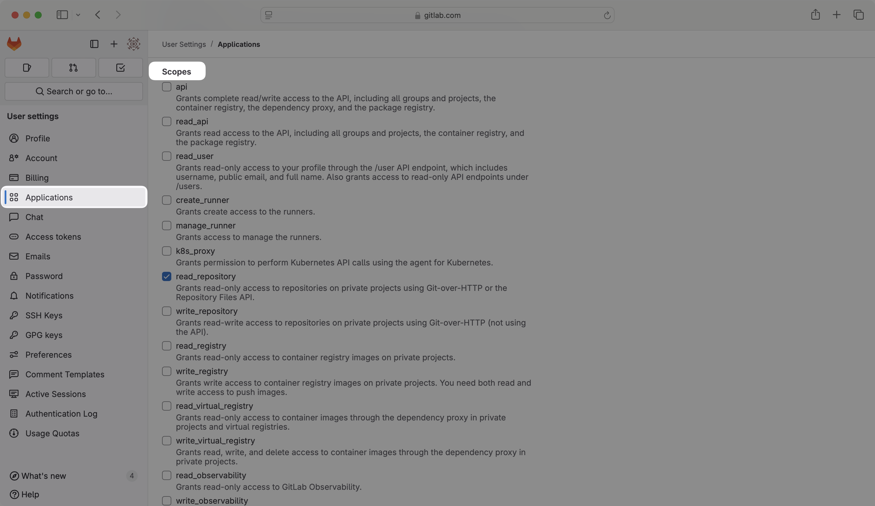 A screenshot showing GitLab OAuth scopes configuration in GitLab Application Settings
