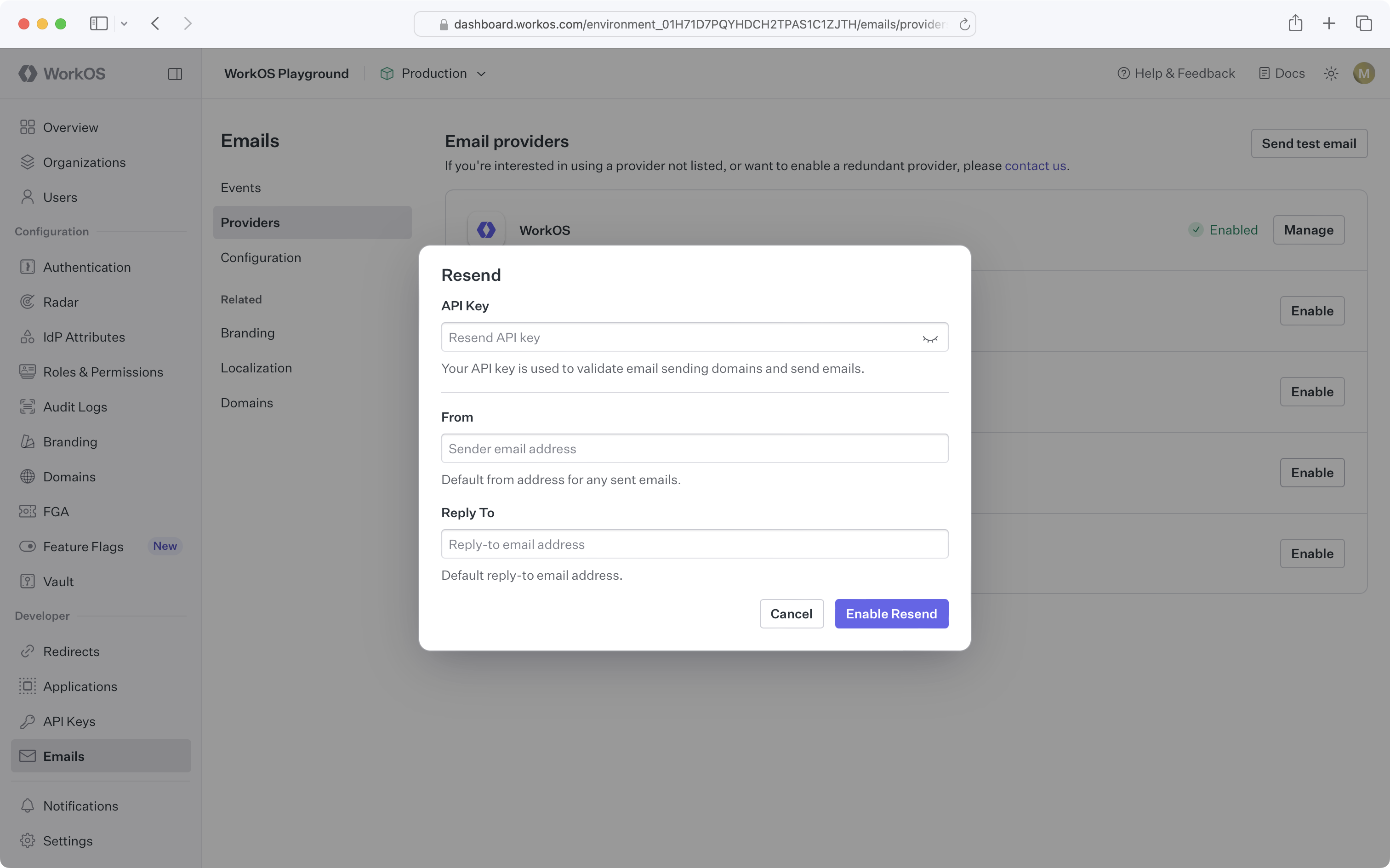 A screenshot showing the Resend custom email provider configuration