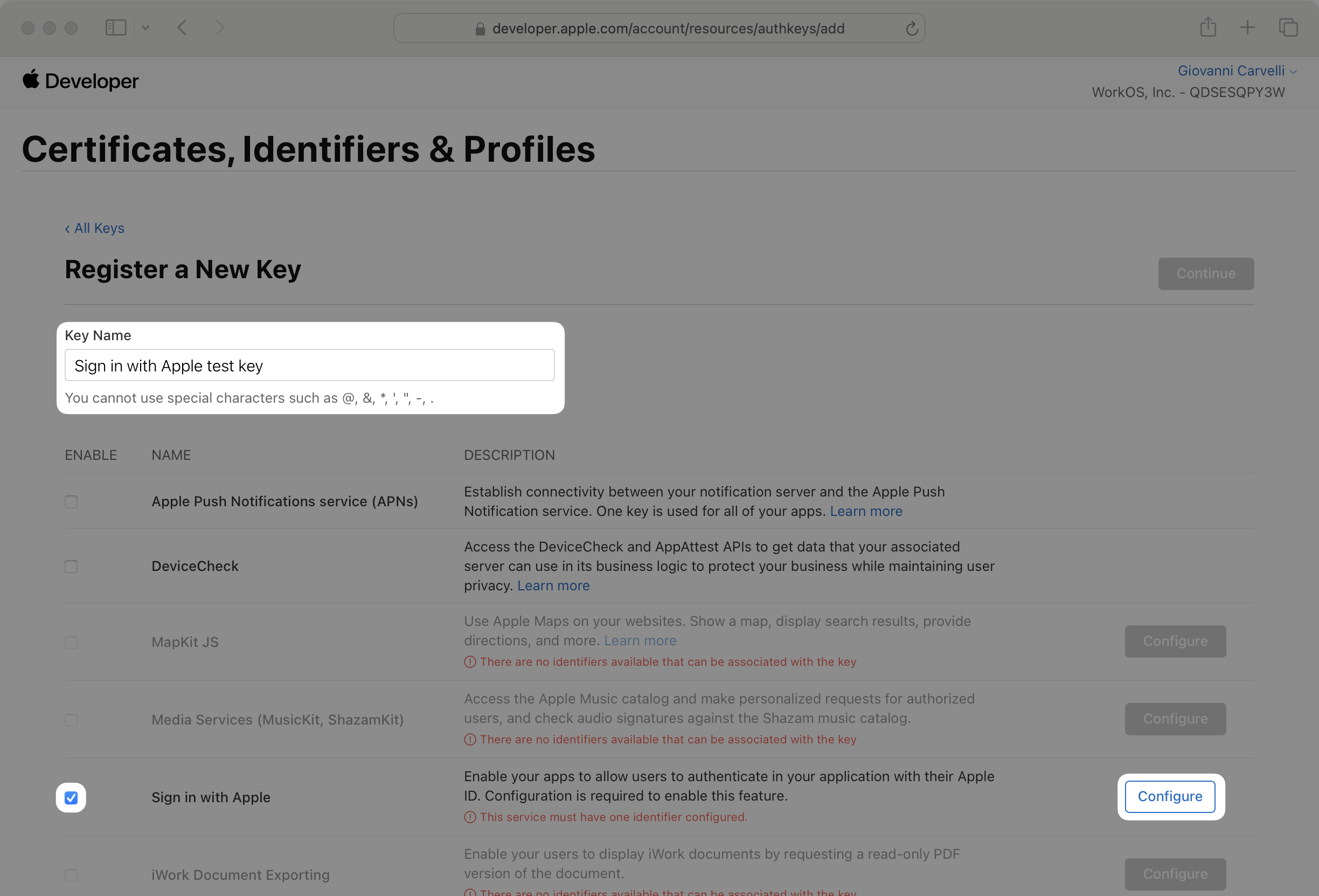 First step in the Key creation wizard.