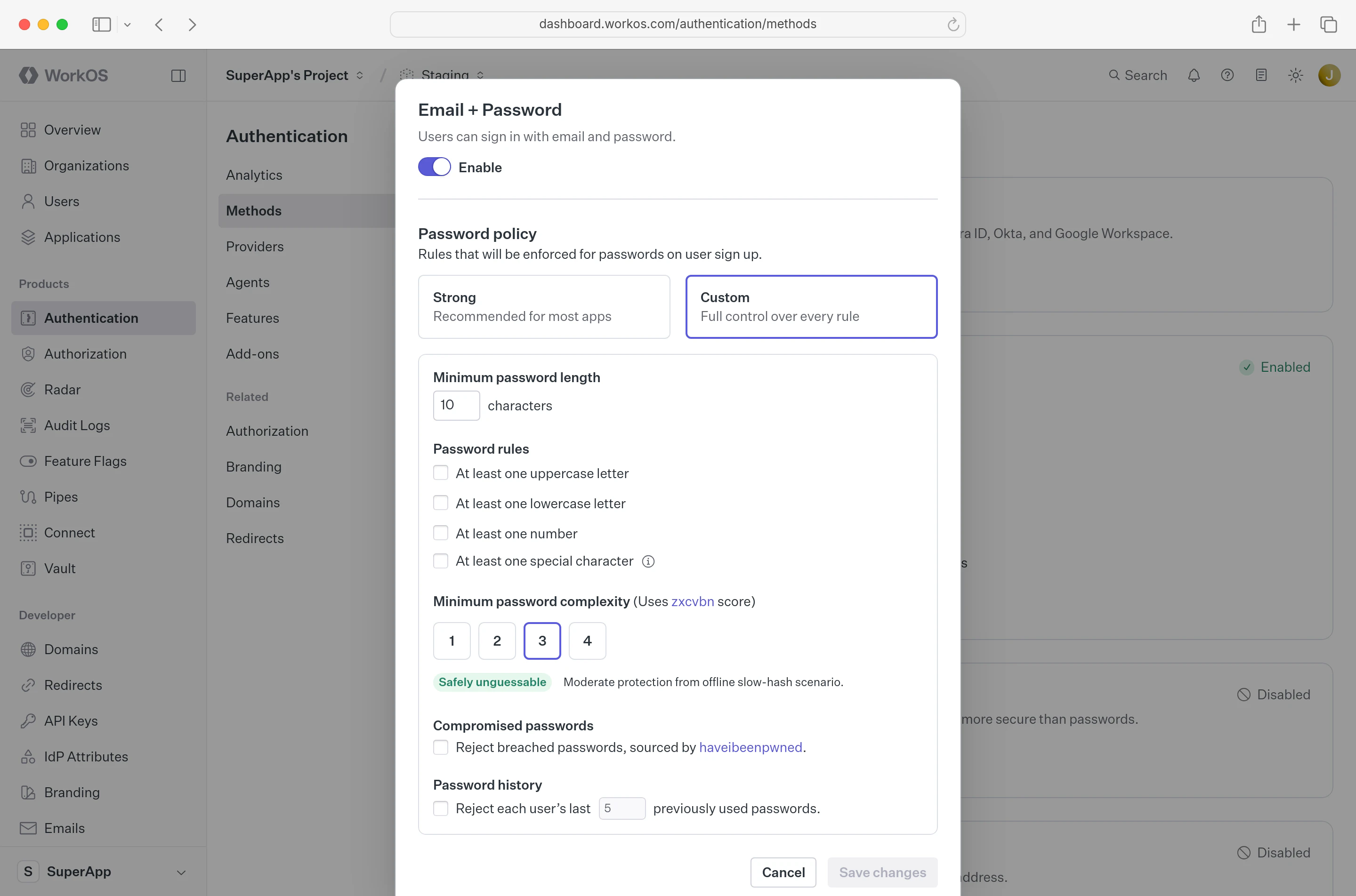 Dashboard password strength policy