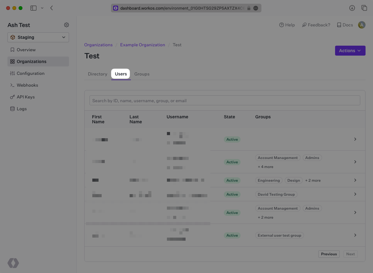 A screenshot showing users in the "Users" tab of the WorkOS Dashboard.