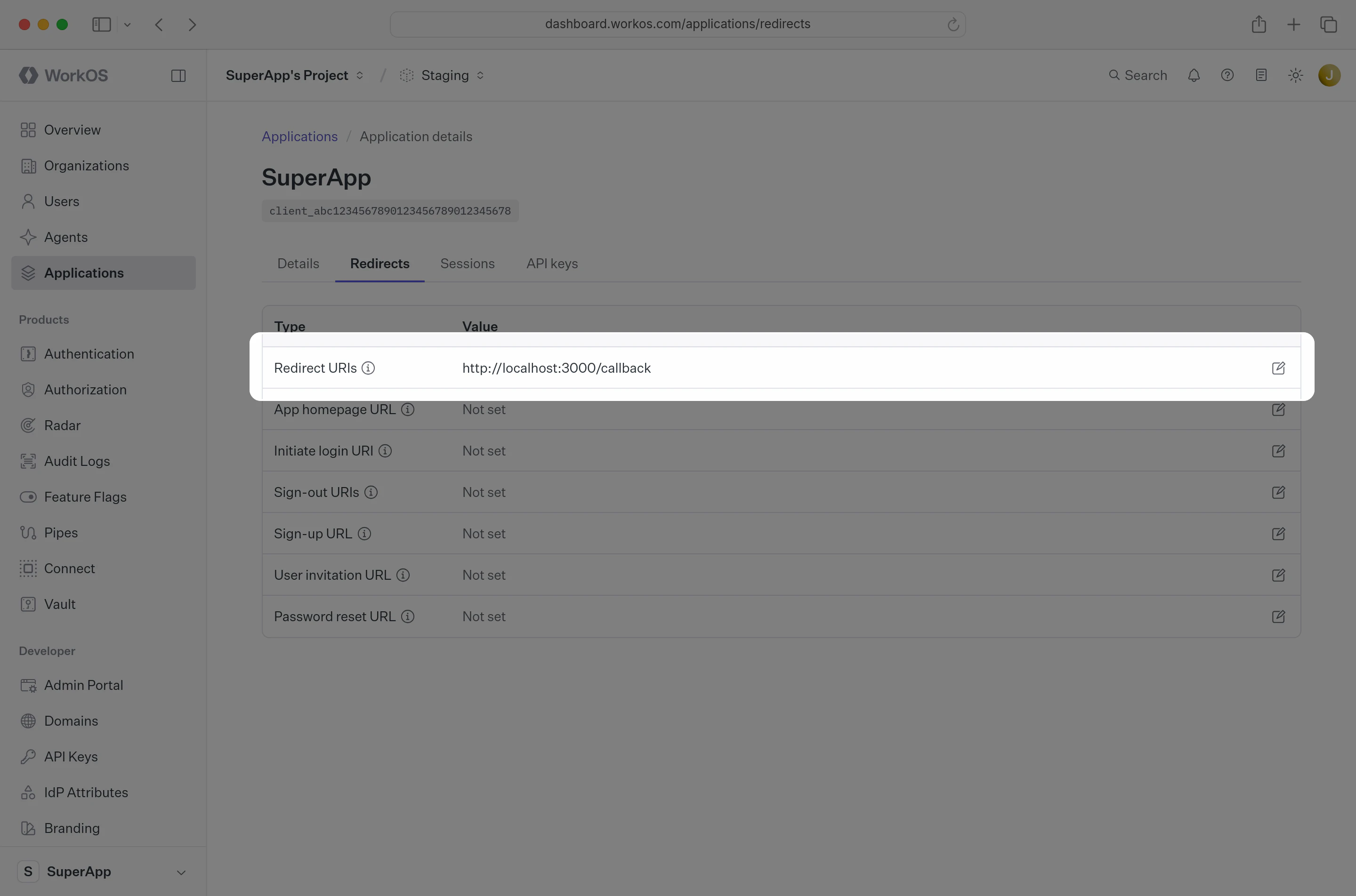 Dashboard redirect URI
