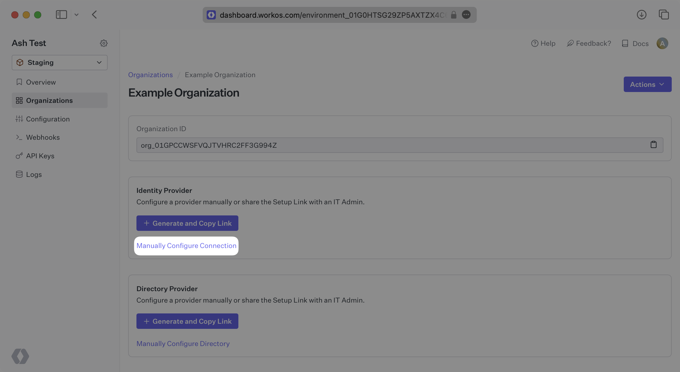 A screenshot showing where to find “Manually Configure Connection” for an Organization in the WorkOS Dashboard.