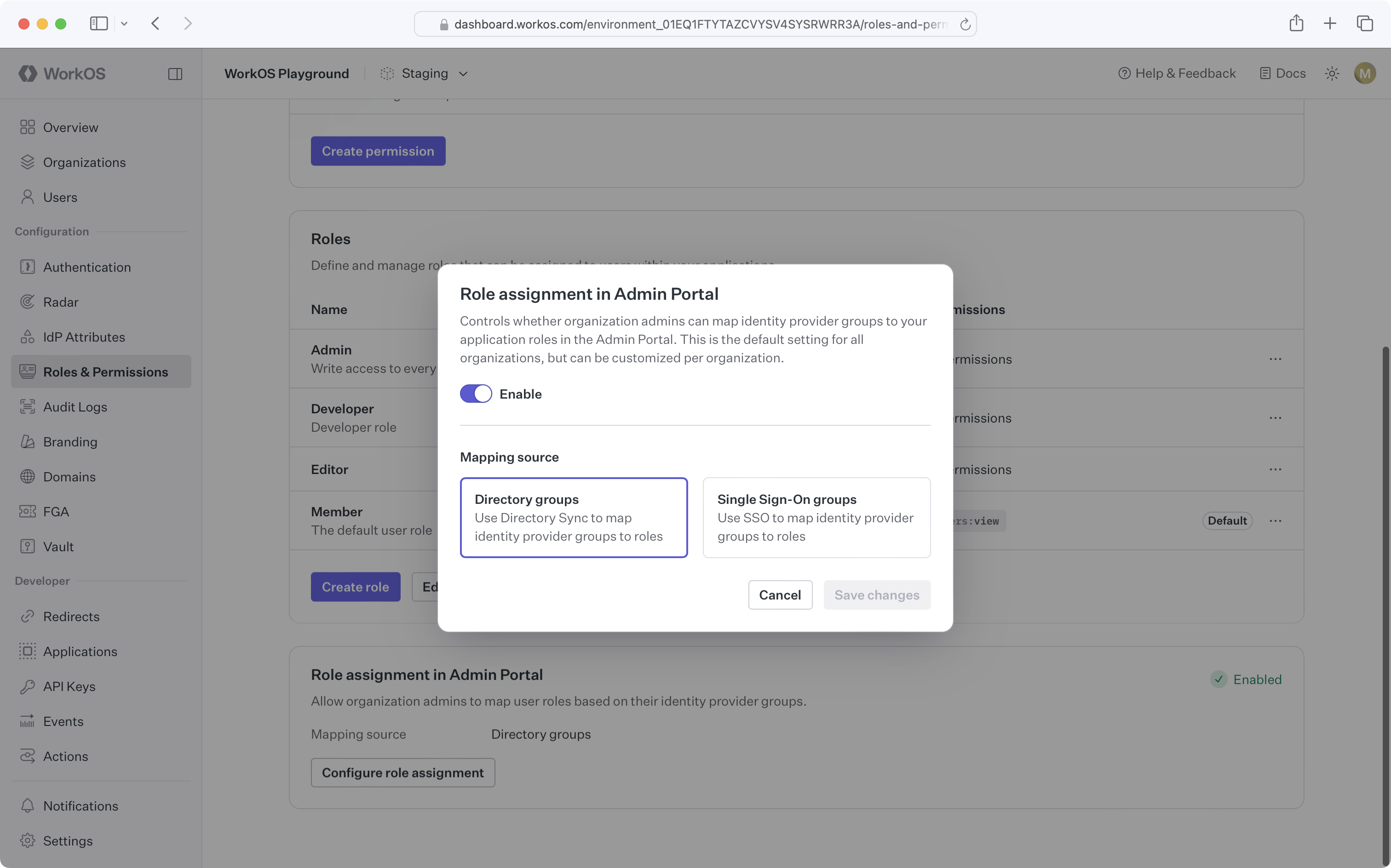Role assignment in Admin Portal dialog