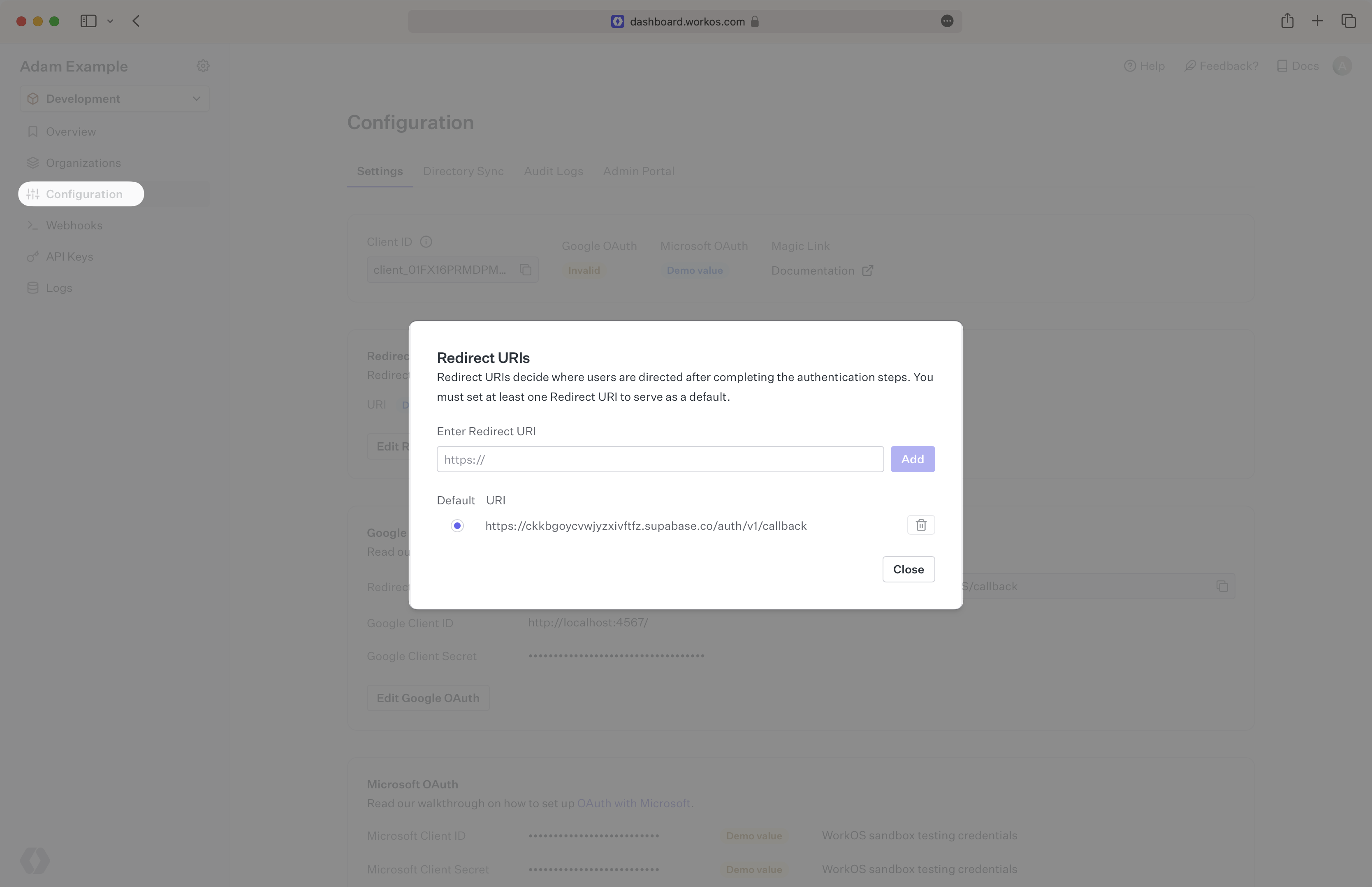 A screenshot showing where to add the WorkOS Redirect URL.
