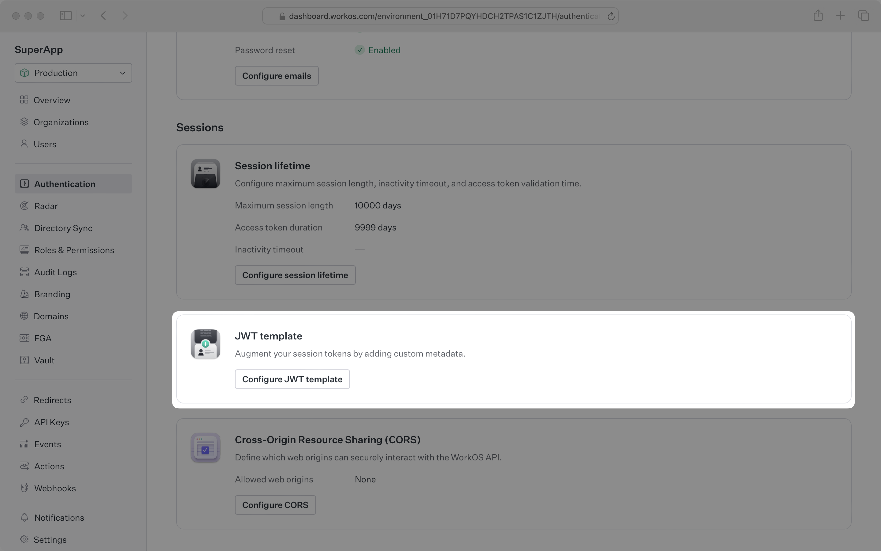 WorkOS dashboard demonstrating the position of the "Configure JWT template" button