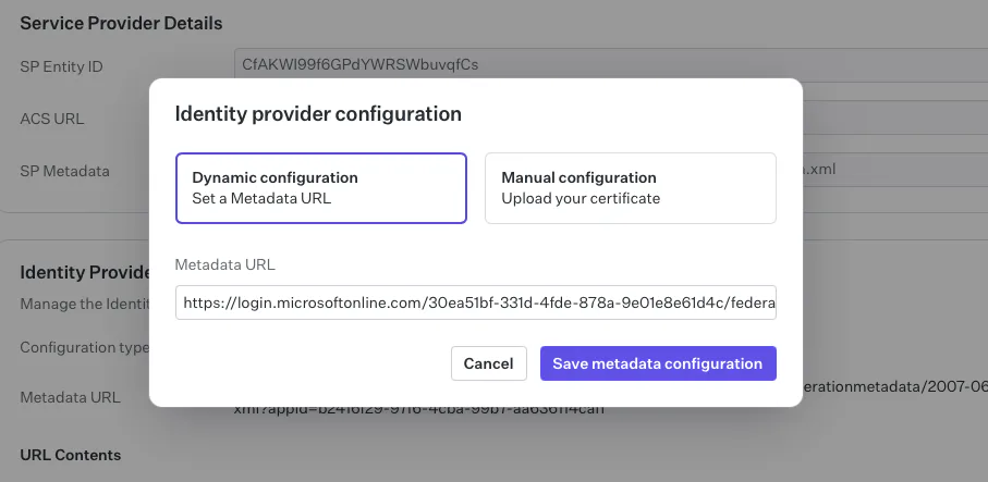 A screenshot showing where to paste the Metadata URL on the "SSO Connection" page in the WorkOS dashboard.