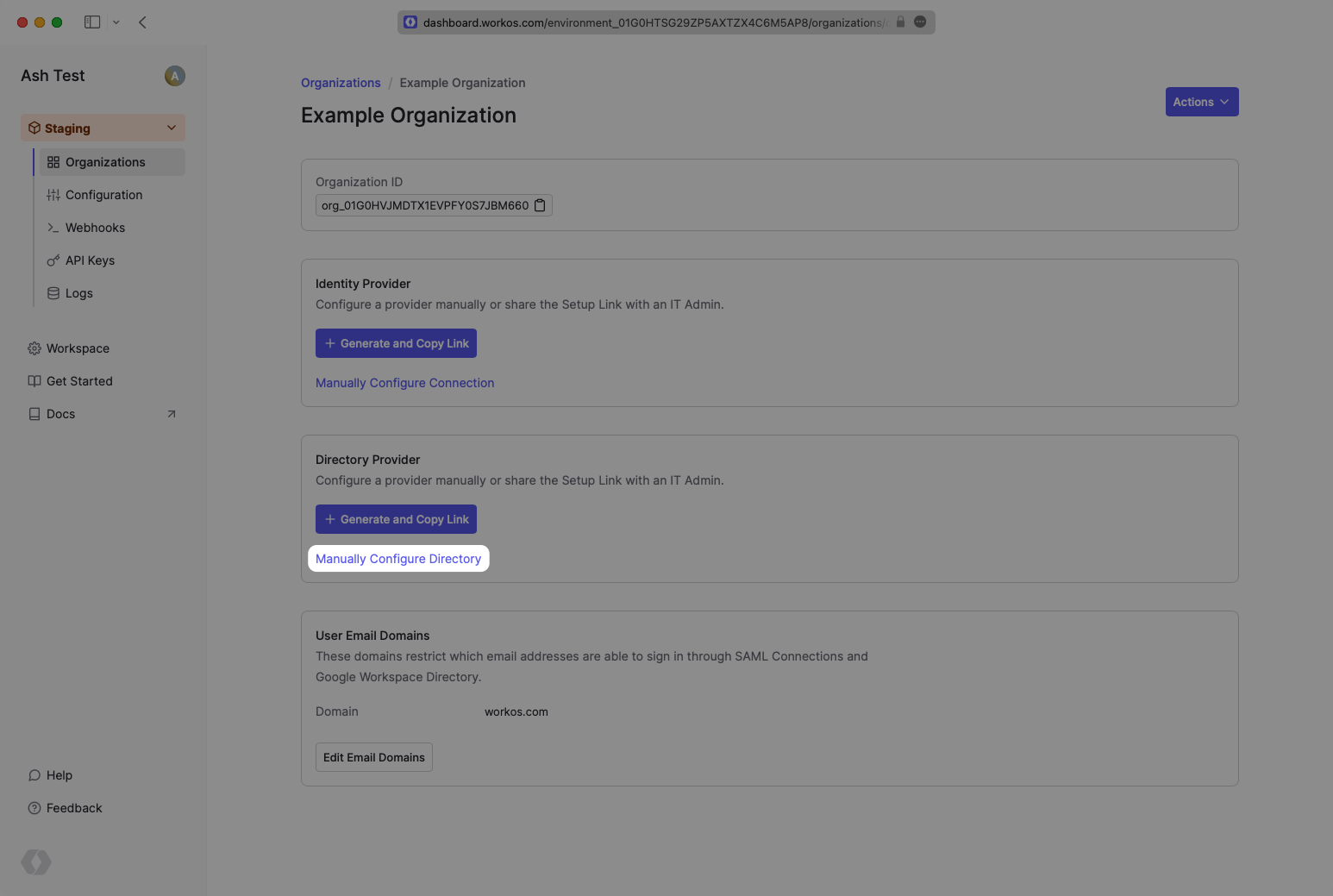 A screenshot showing where to select "Manually Configure Directory" in the WorkOS dashboard.