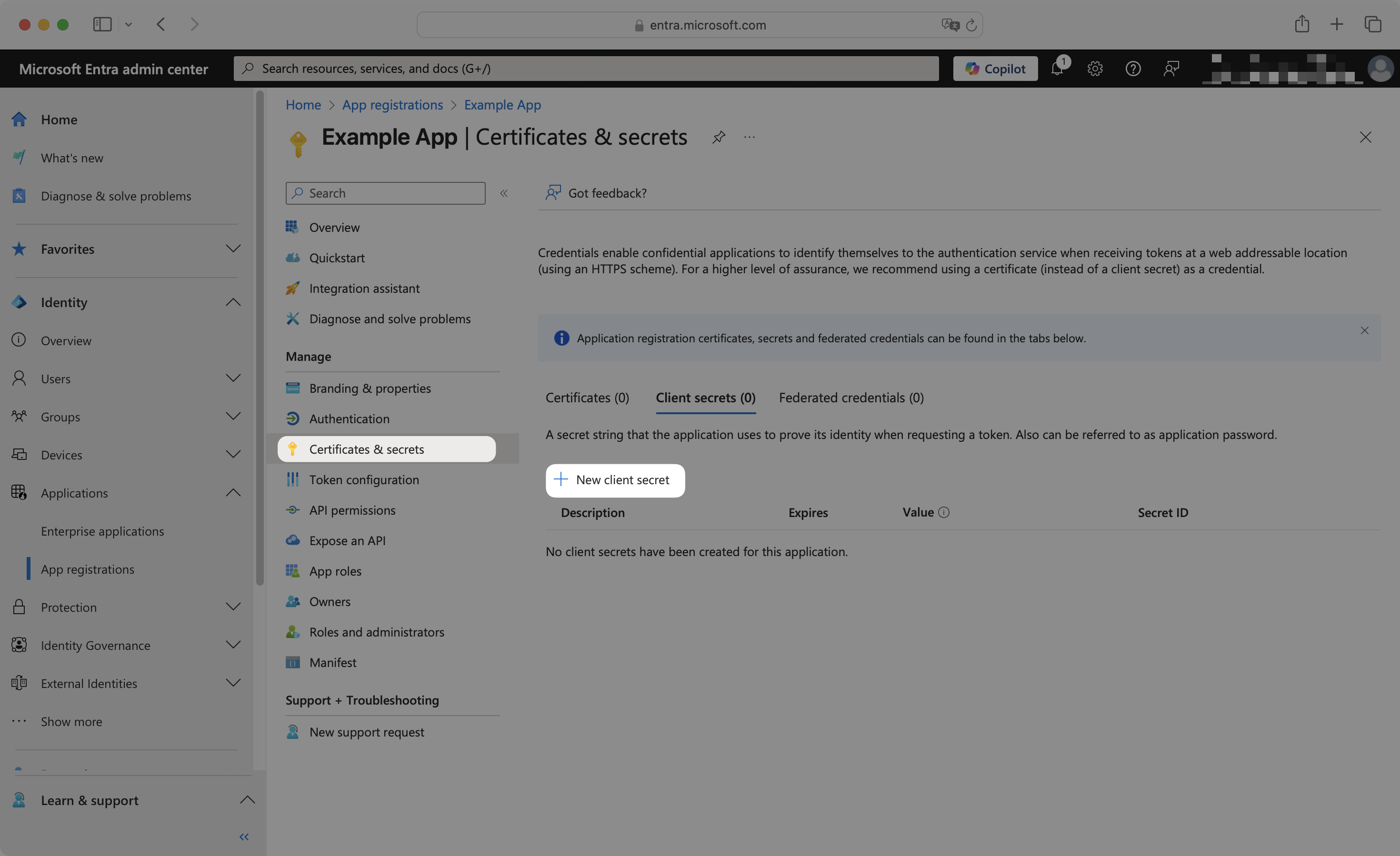 Certificates & secrets page with "New client secret" button
