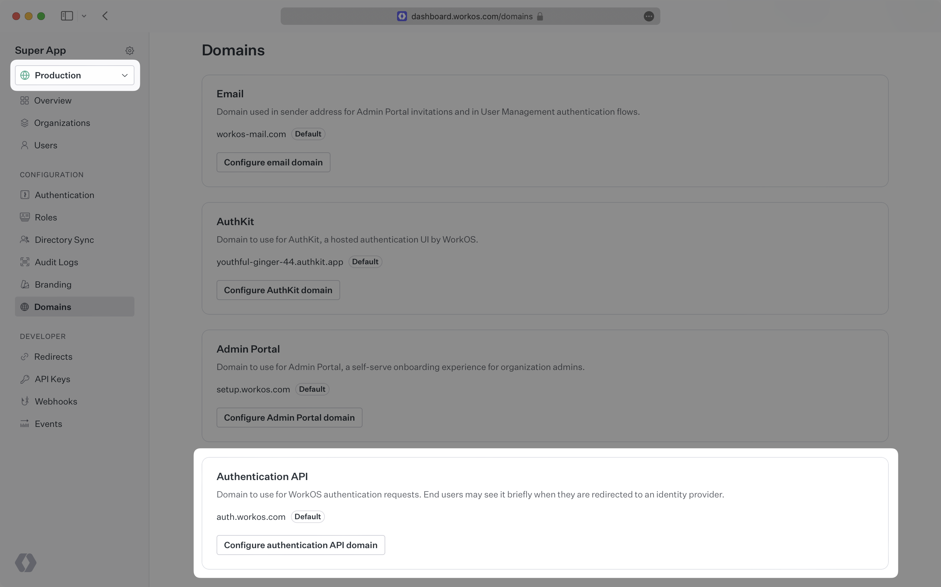 Dashboard displaying domain configuration settings