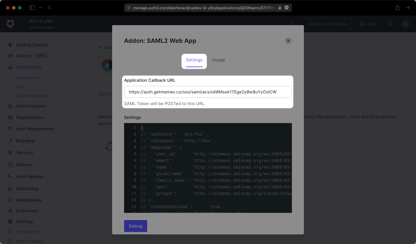 A screenshot showing where to set the ACS URL in the SAML2 web app settings for Auth0 applications.