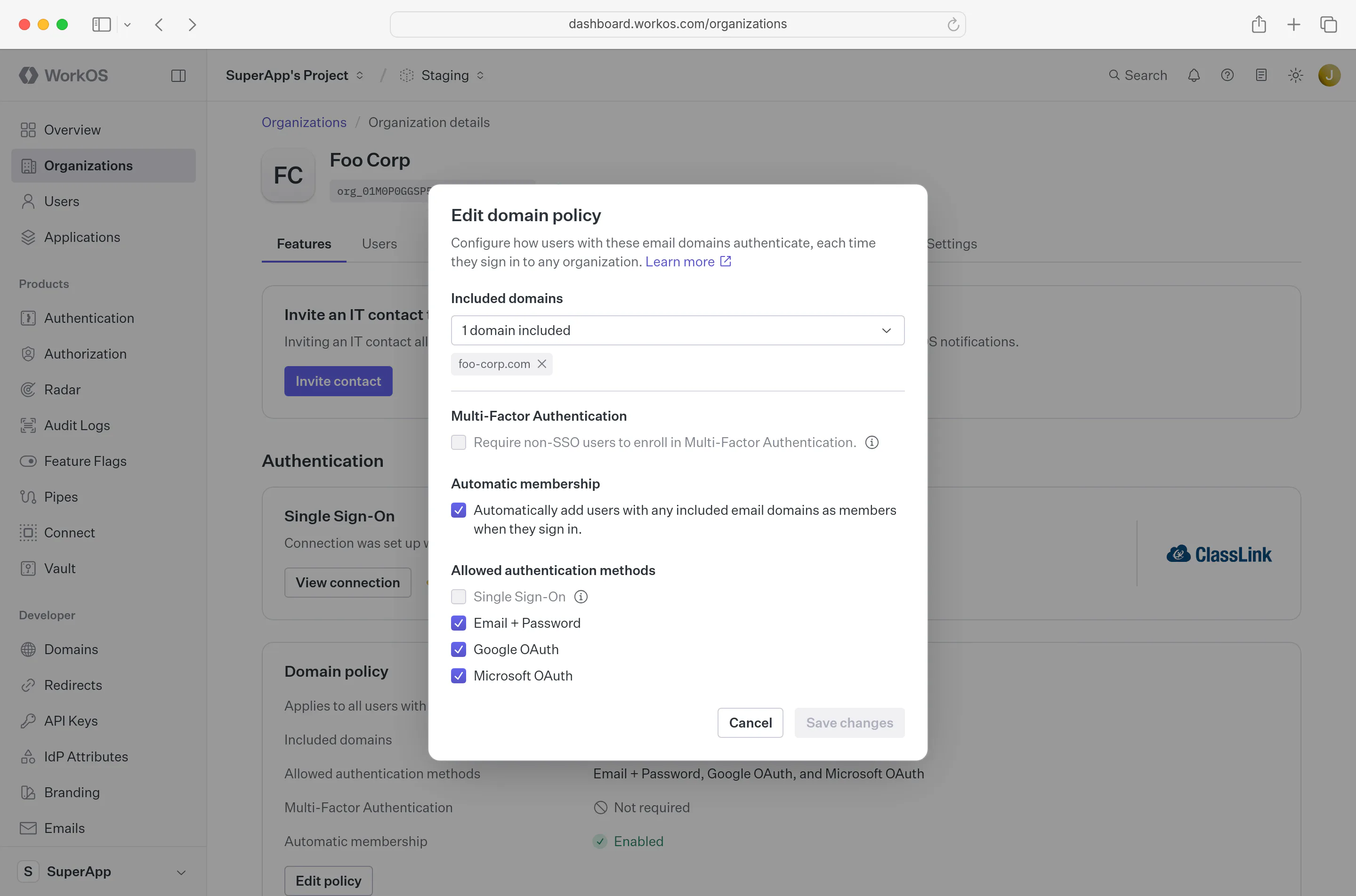 Configuring a domain policy in the dashboard