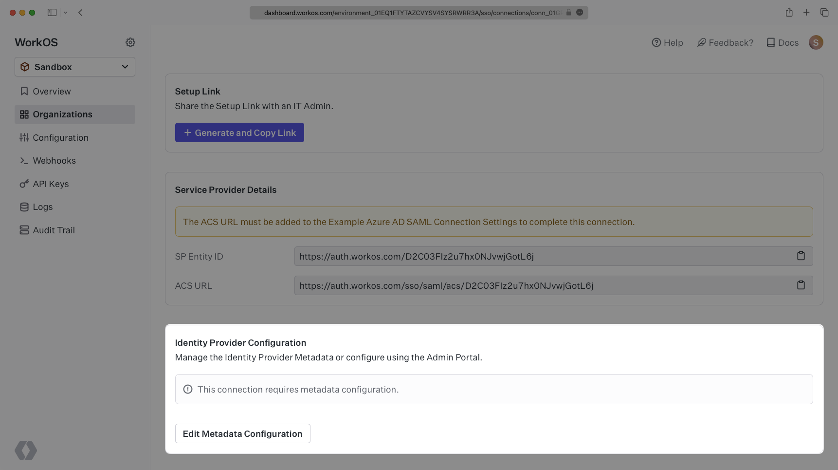 A screenshot showing where to select "Edit Metadata Configuration" on the "SSO Connection" page in the WorkOS dashboard.