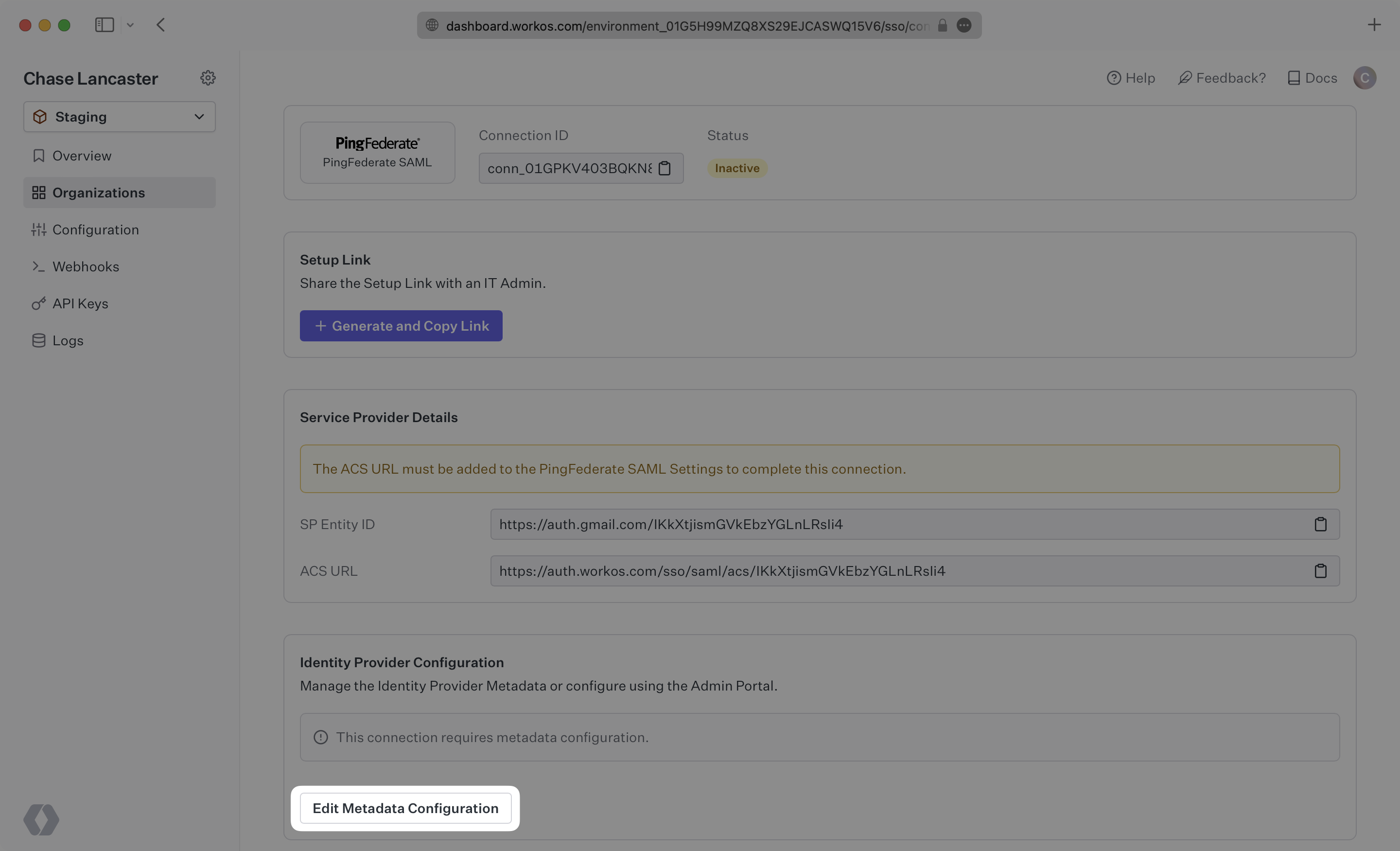 A screenshot showing where to edit the Metadata Configuration in the WorkOS Dashboard.