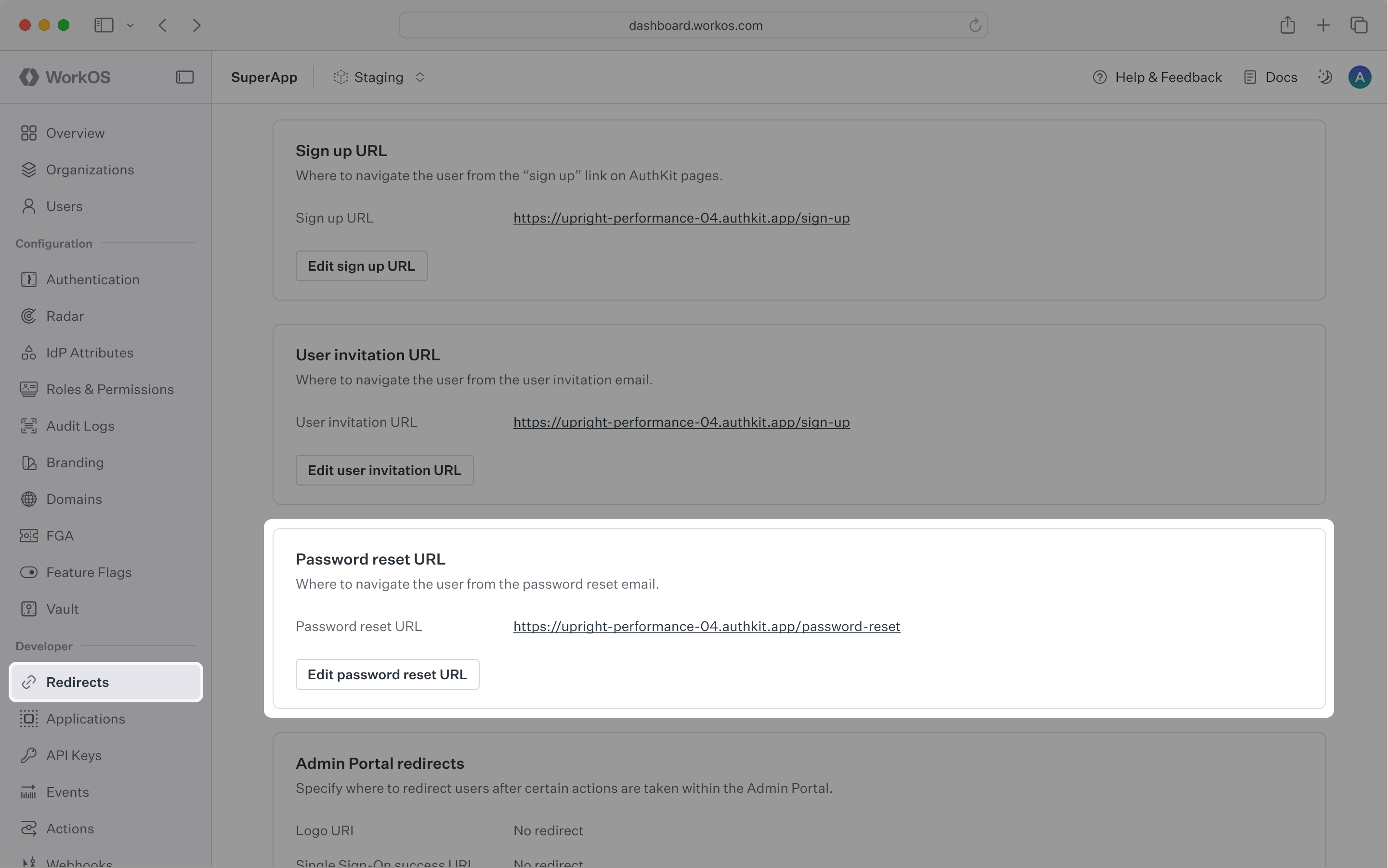 A screenshot showing the WorkOS Dashboard configuration card for password reset URL