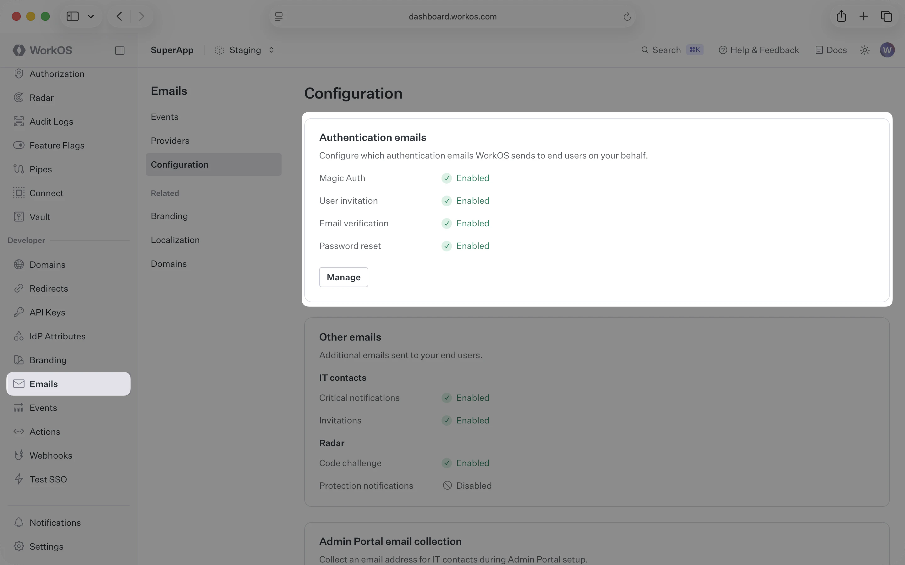 A screenshot showing the WorkOS Dashboard configuration card for emails