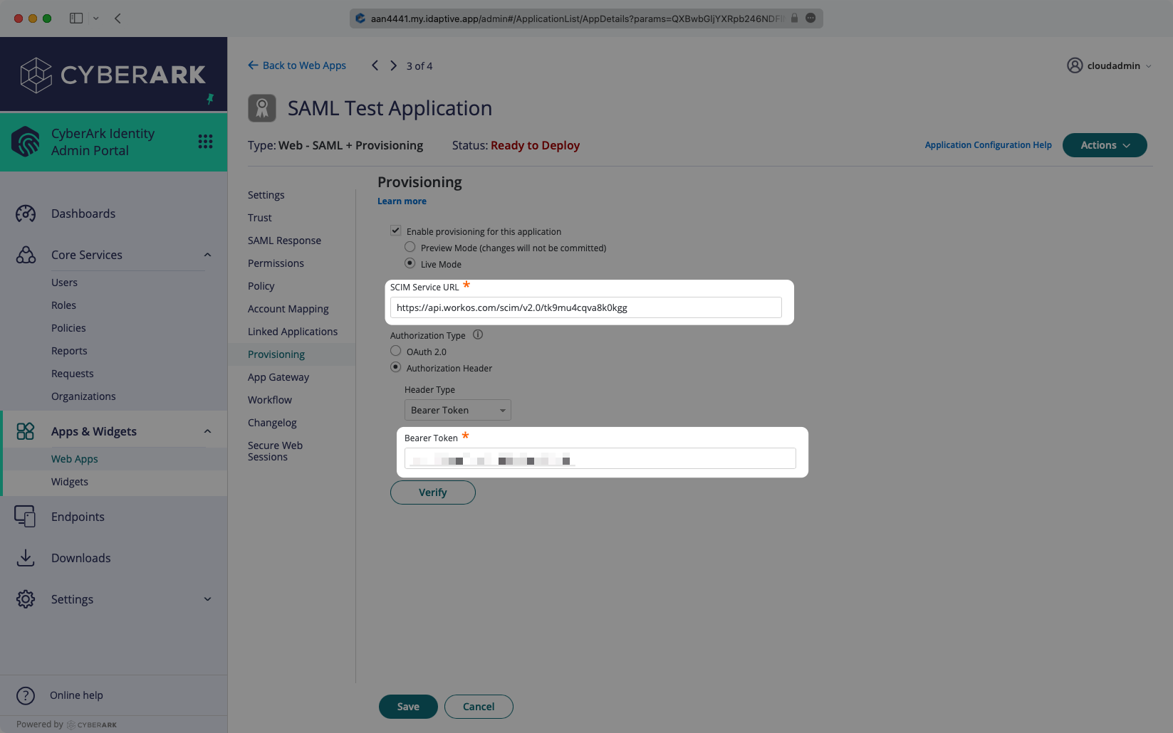 A screenshot showing where to input the WorkOS Endpoint as the "SCIM Service URL" and the Bearer Token in the CyberArk dashboard.