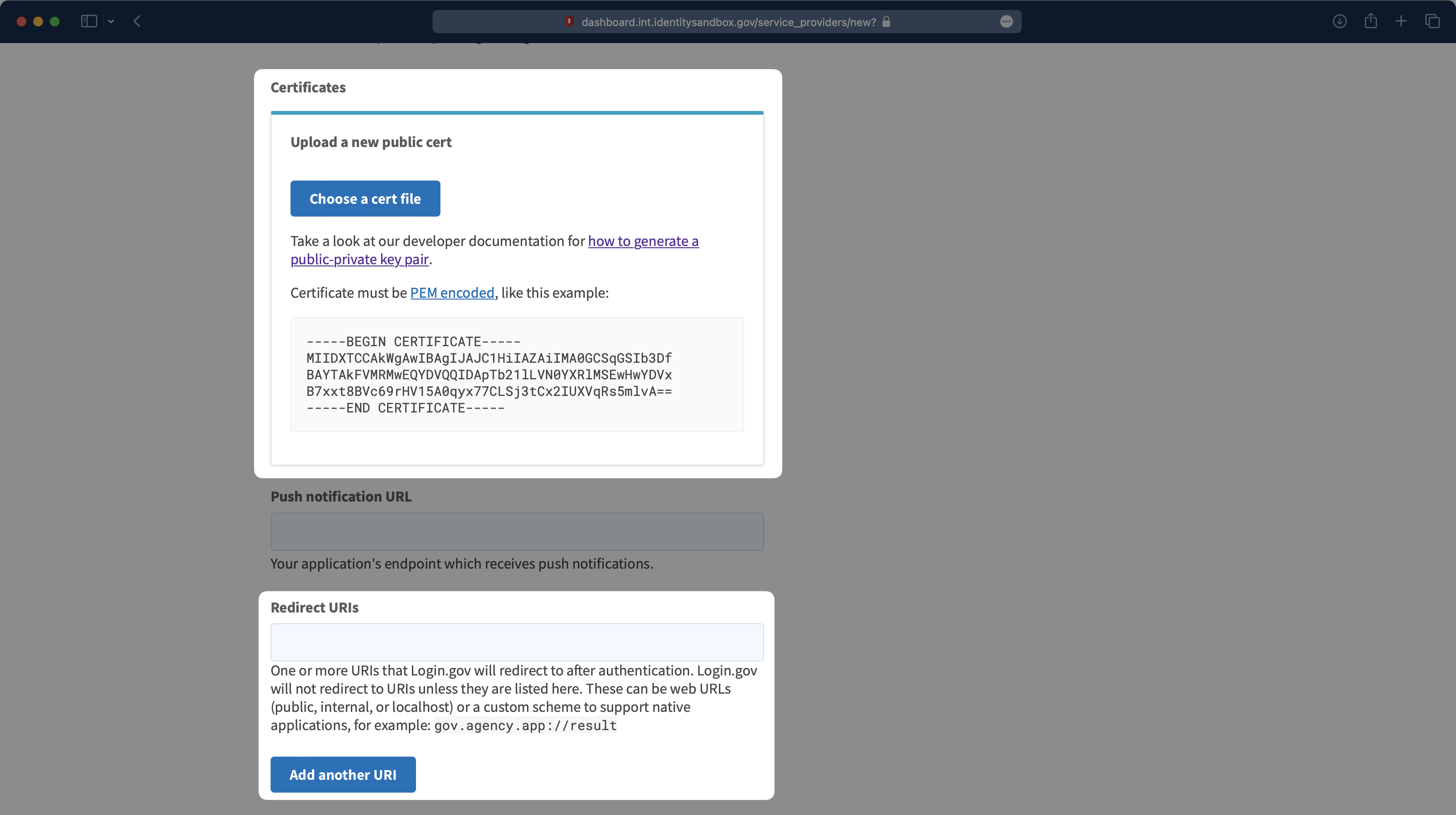 A screenshot showing where to upload the Public Certificate and Redirect URI within the Login.gov dashboard.