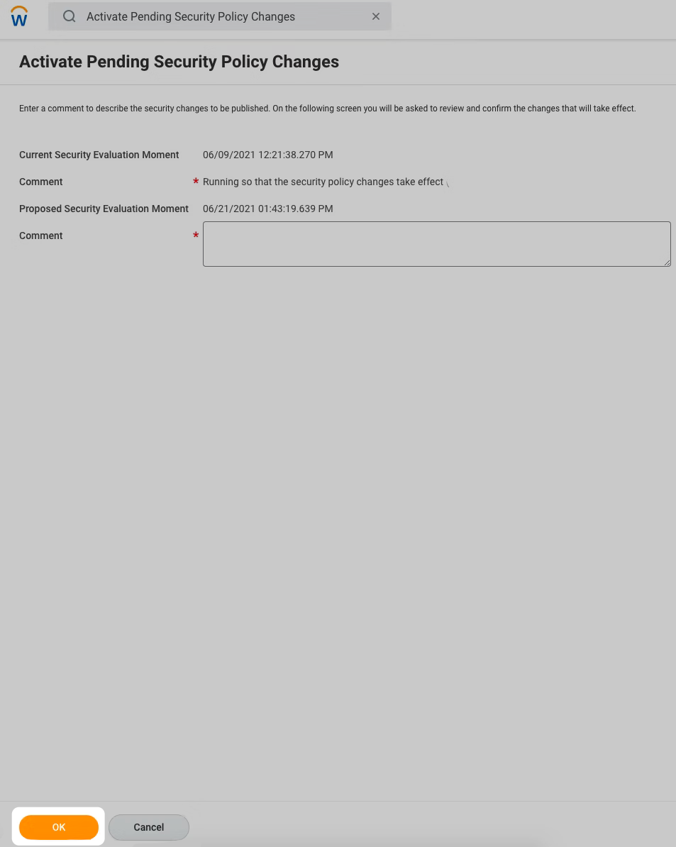 A screenshot showing the Activate Pending Security Policy Changes page in the Workday Dashboard.