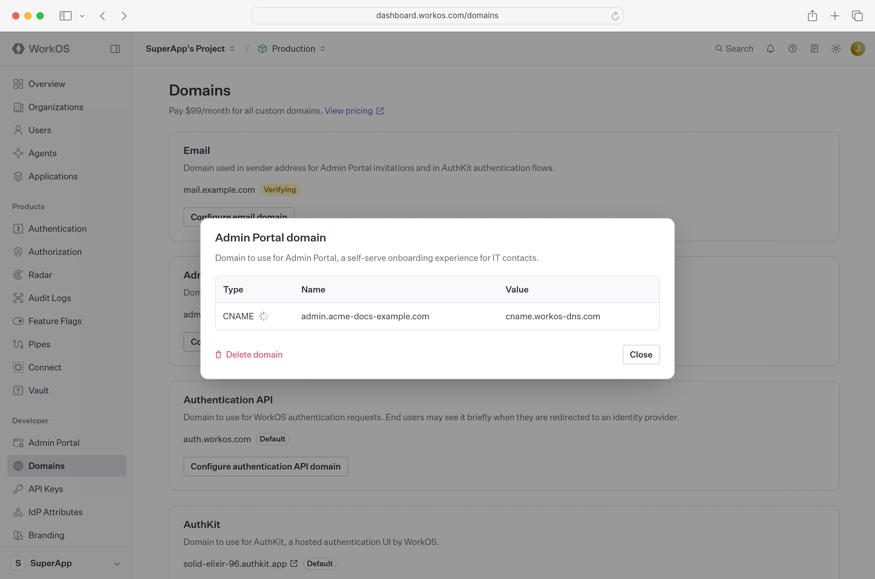 Dashboard displaying CNAME entries