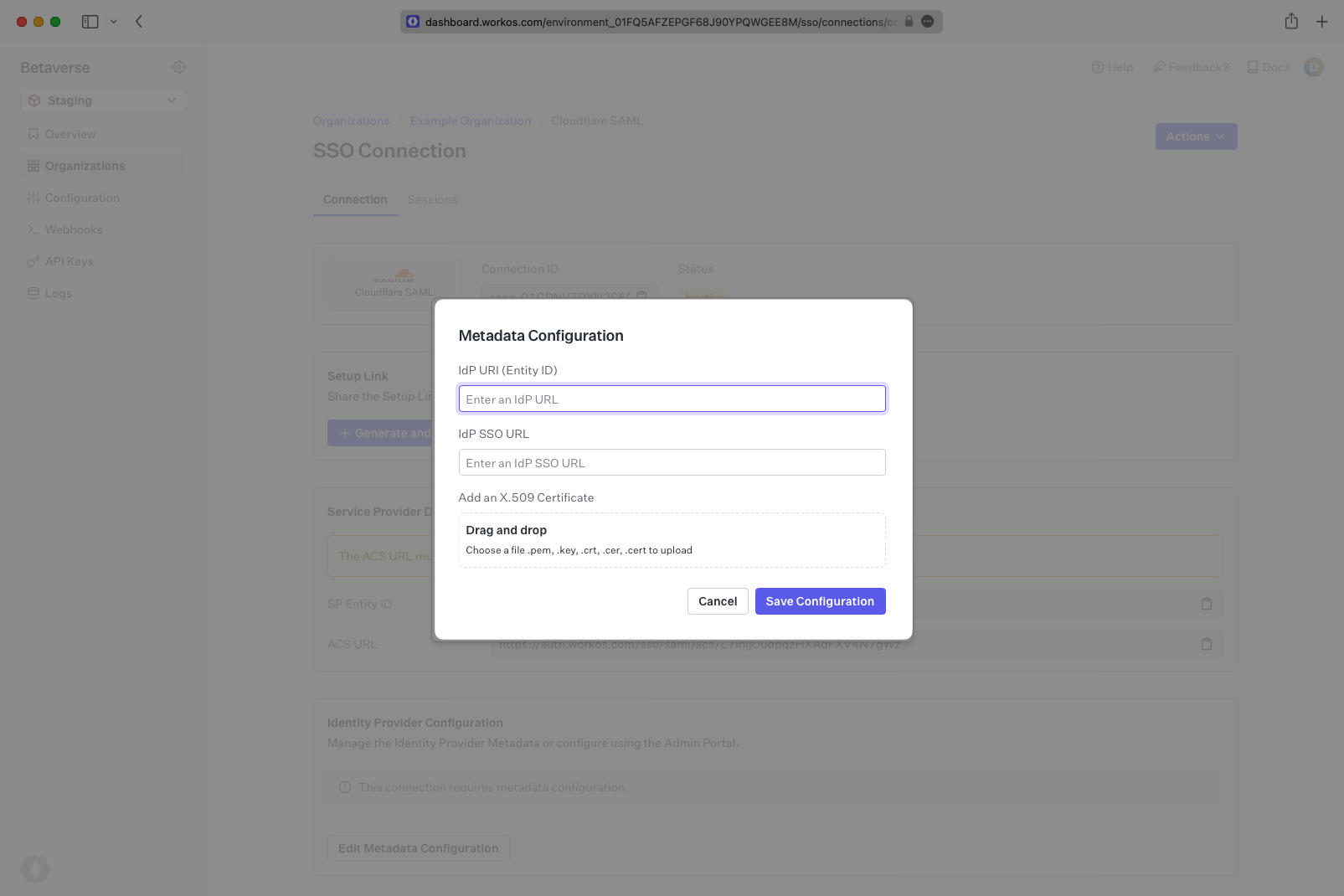 A screenshot showing where upload the Metadata configuration details.