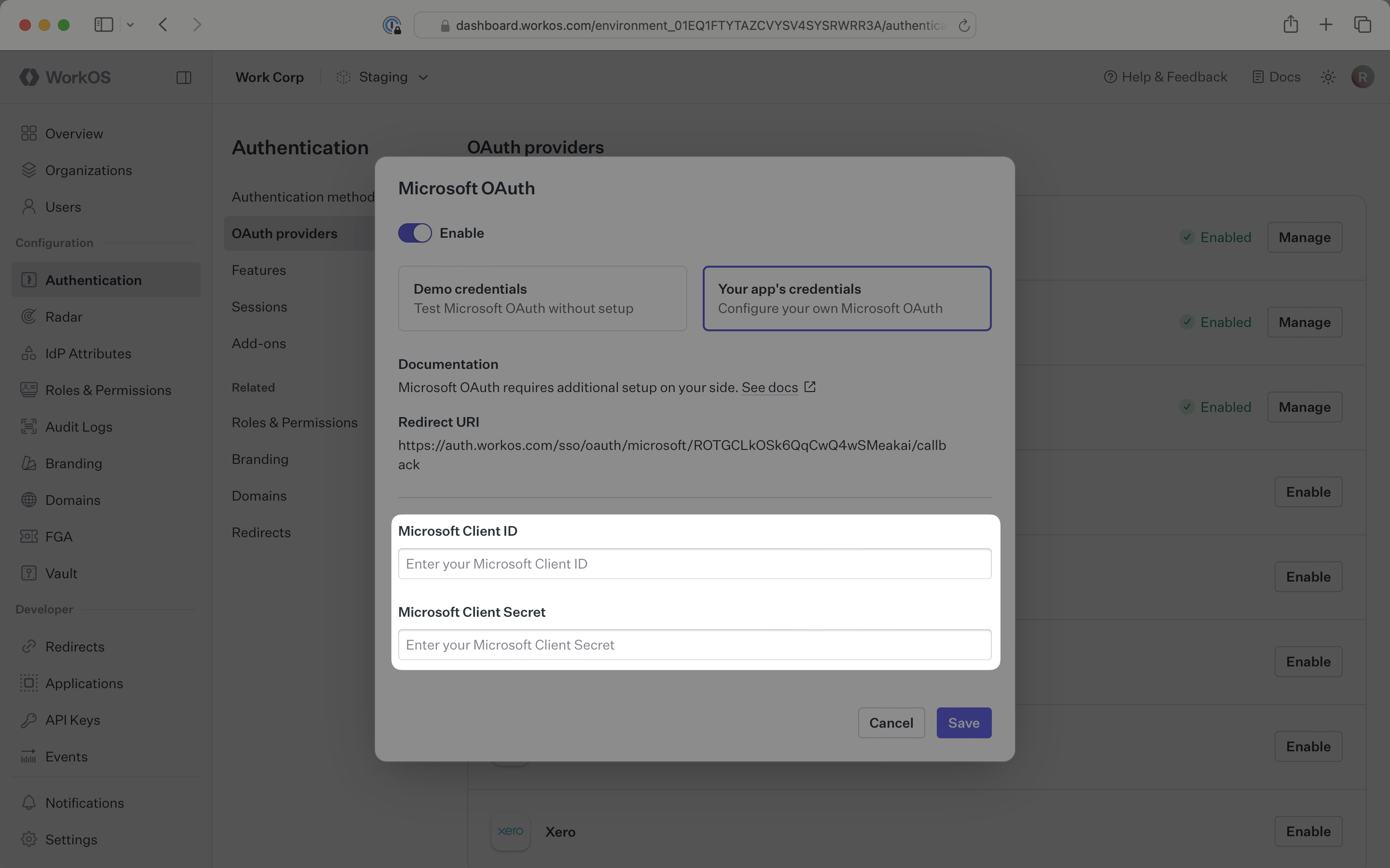 Where to enter Microsoft OAuth client credentials into the WorkOS Dashboard.