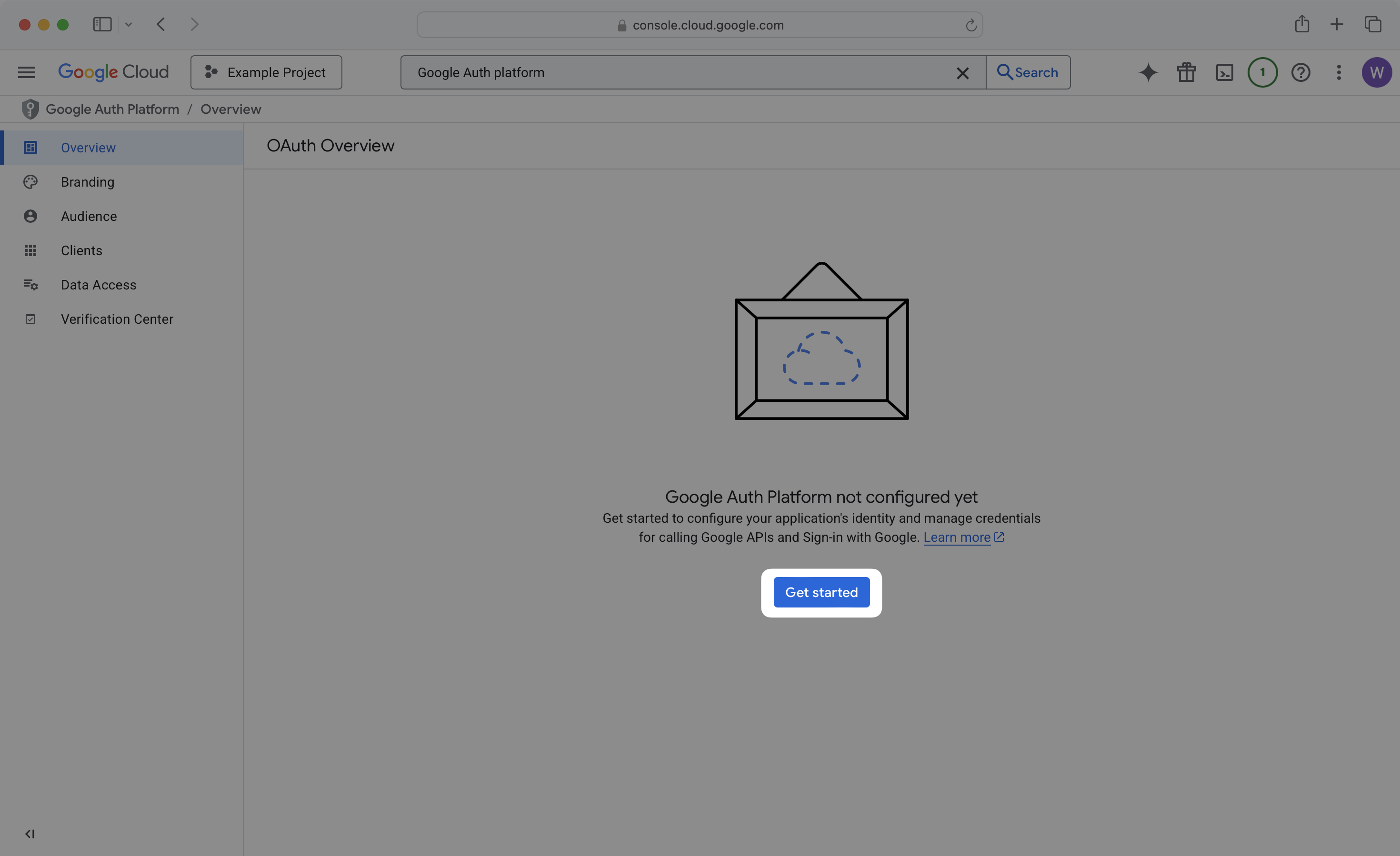Google Cloud OAuth App dashboard with highlighted get started button