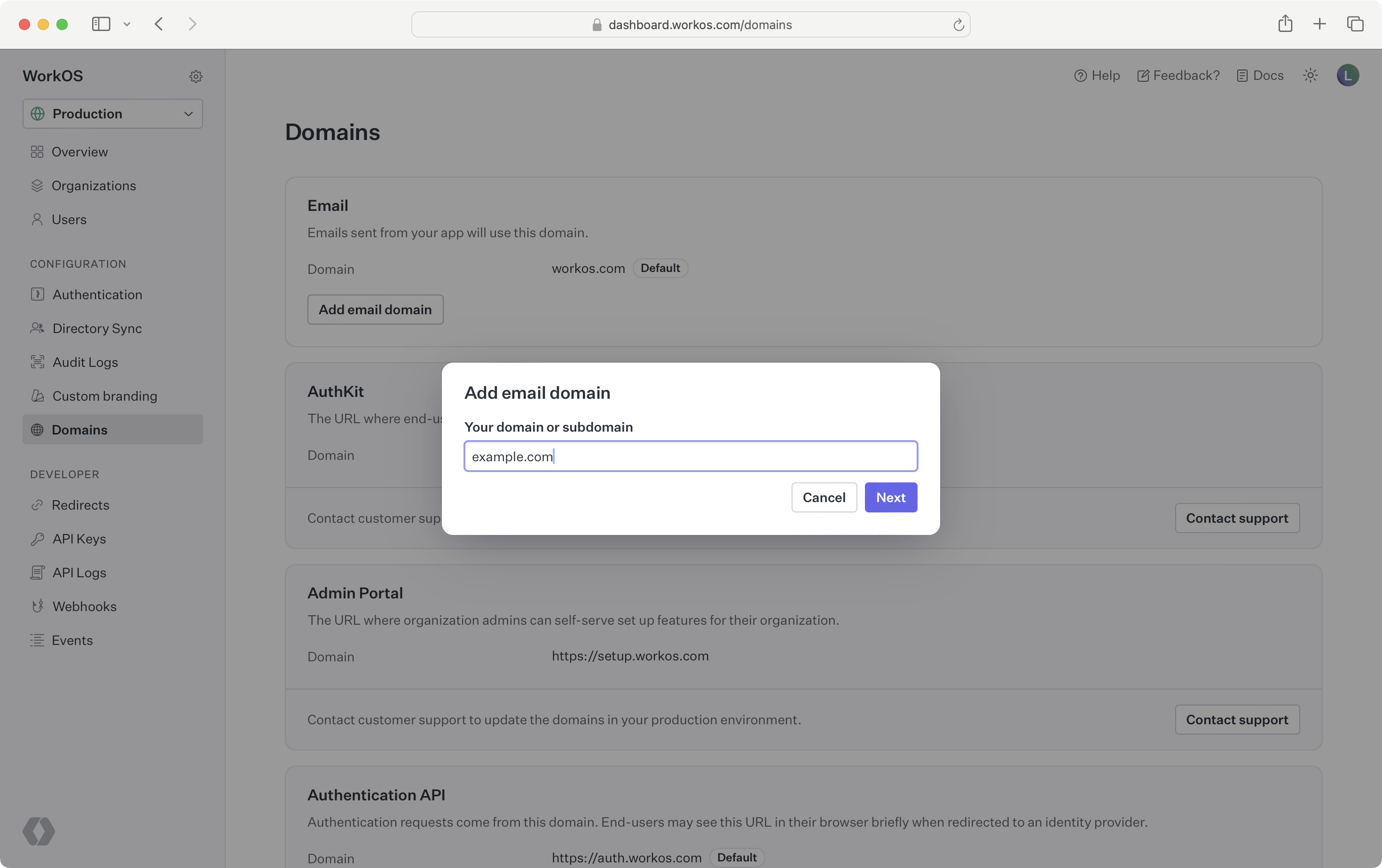 Dashboard displaying a domain entry input