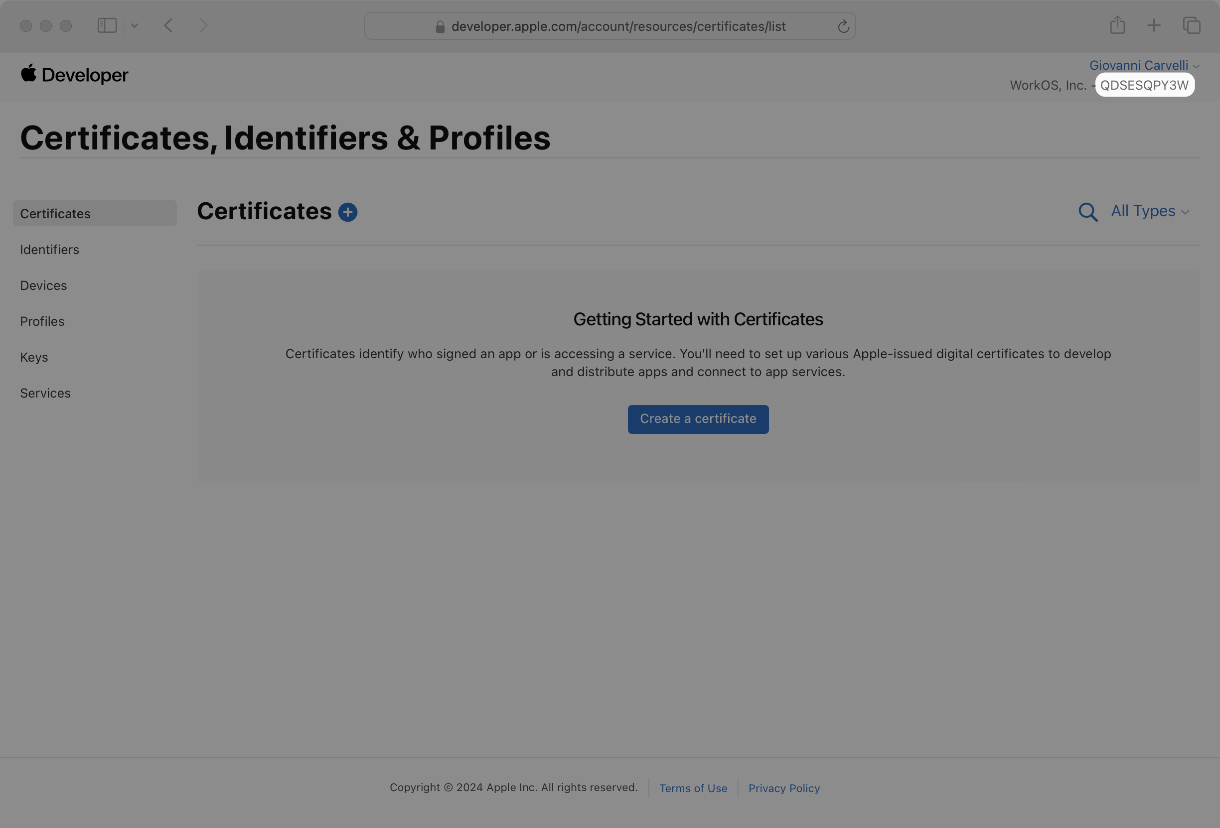 A screenshot showing the Team ID in the Apple Developer dashboard.