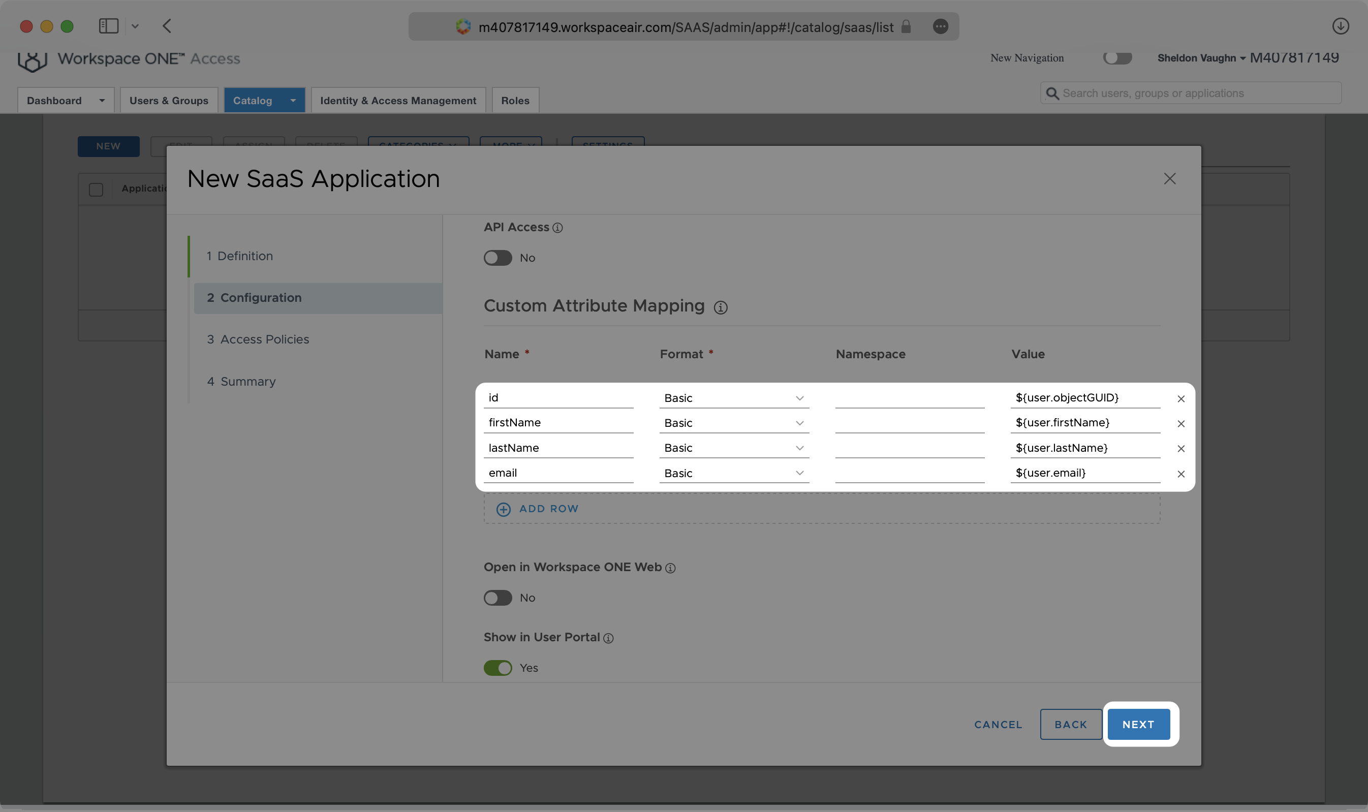 A screenshot showing how to configure attribute mappings in VMware application.