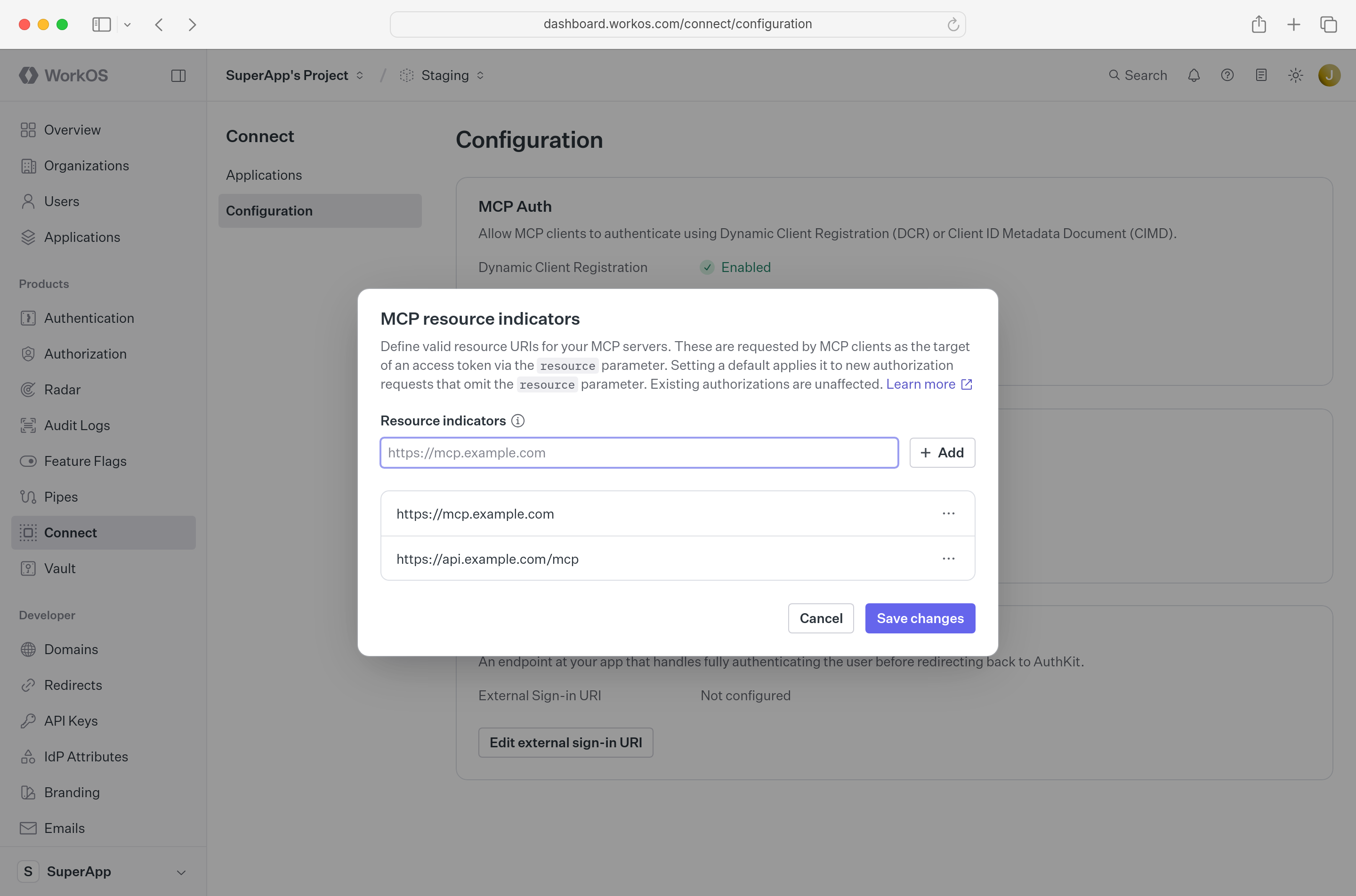 A screenshot of the Resource Indicators configuration dialog in the WorkOS Dashboard.