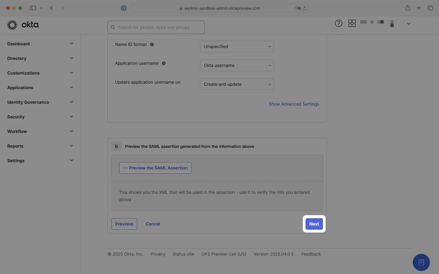 A screenshot showing where to place the WorkOS Single Sign-On URL and SP Entity ID in the Okta Dashboard.